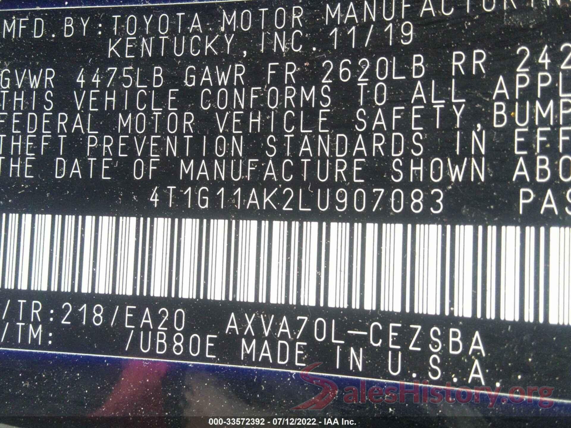 4T1G11AK2LU907083 2020 TOYOTA CAMRY