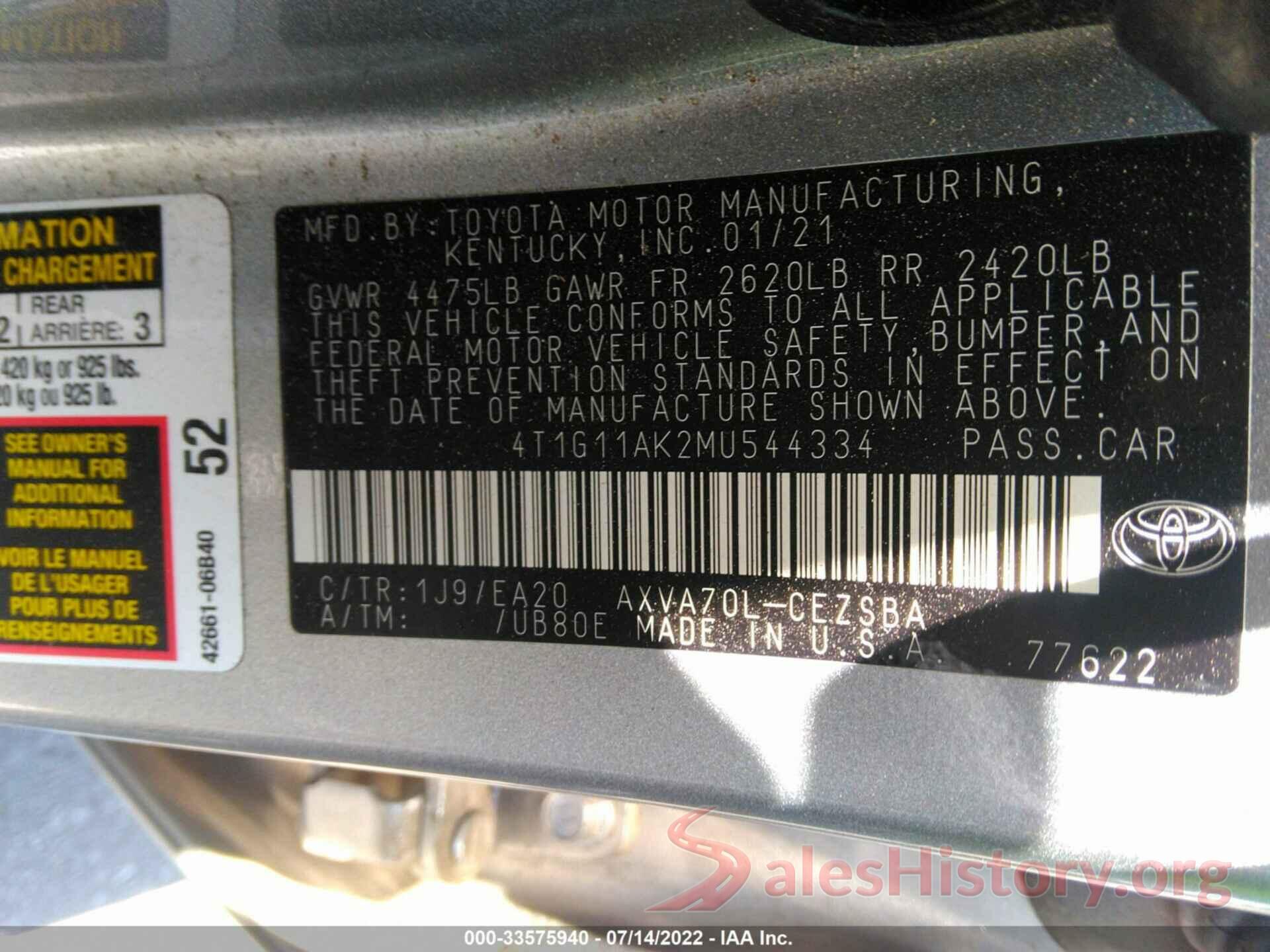 4T1G11AK2MU544334 2021 TOYOTA CAMRY