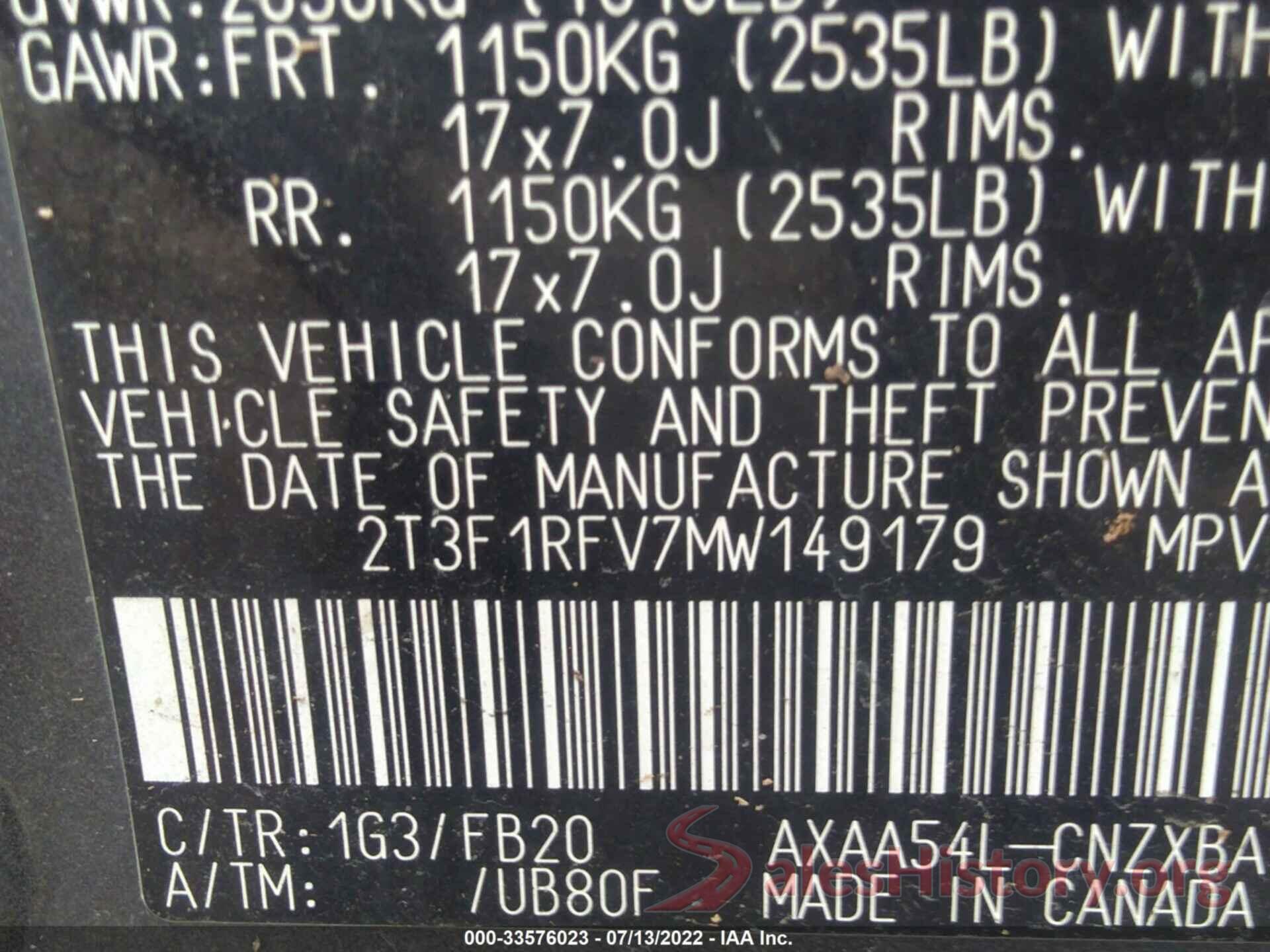 2T3F1RFV7MW149179 2021 TOYOTA RAV4