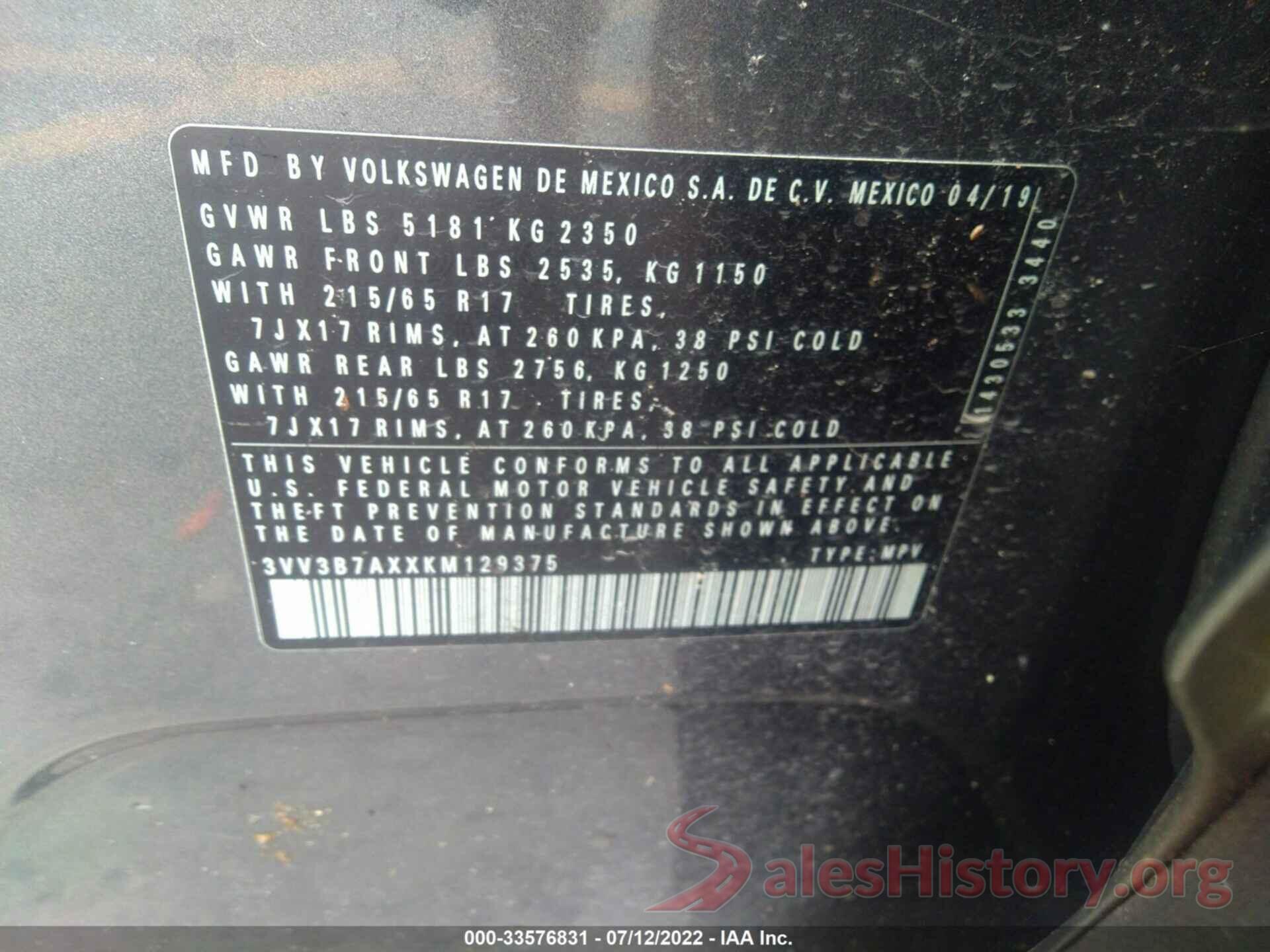 3VV3B7AXXKM129375 2019 VOLKSWAGEN TIGUAN