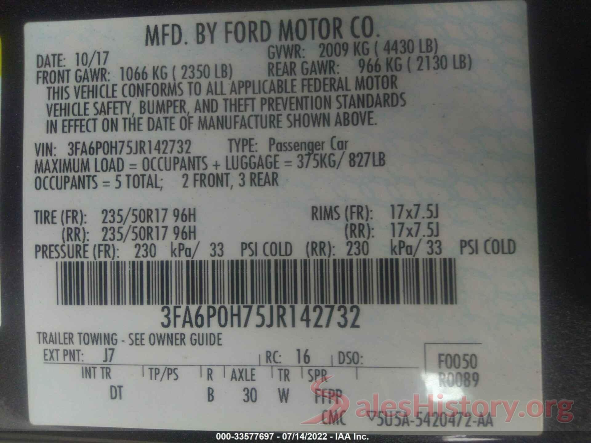 3FA6P0H75JR142732 2018 FORD FUSION