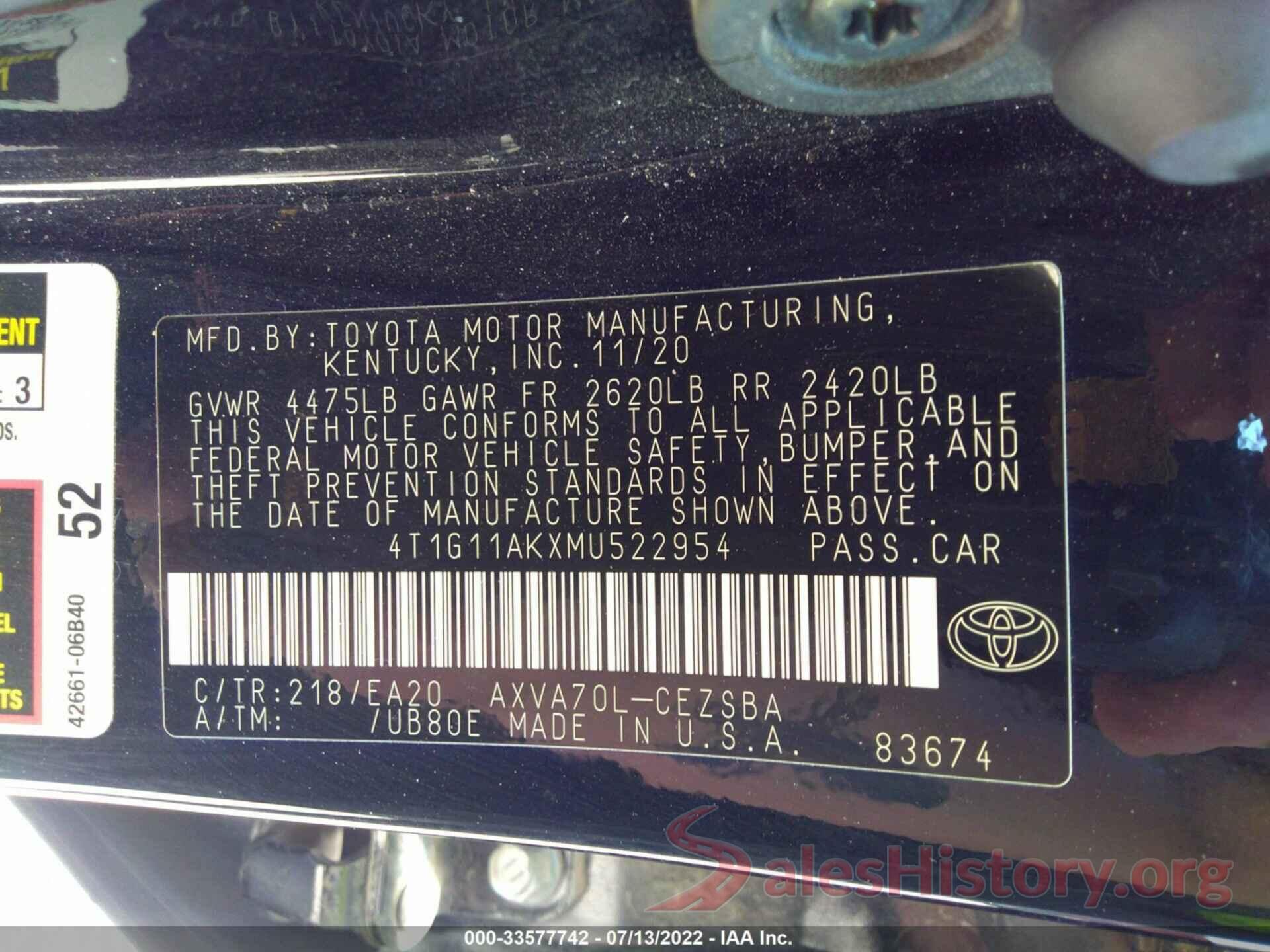 4T1G11AKXMU522954 2021 TOYOTA CAMRY