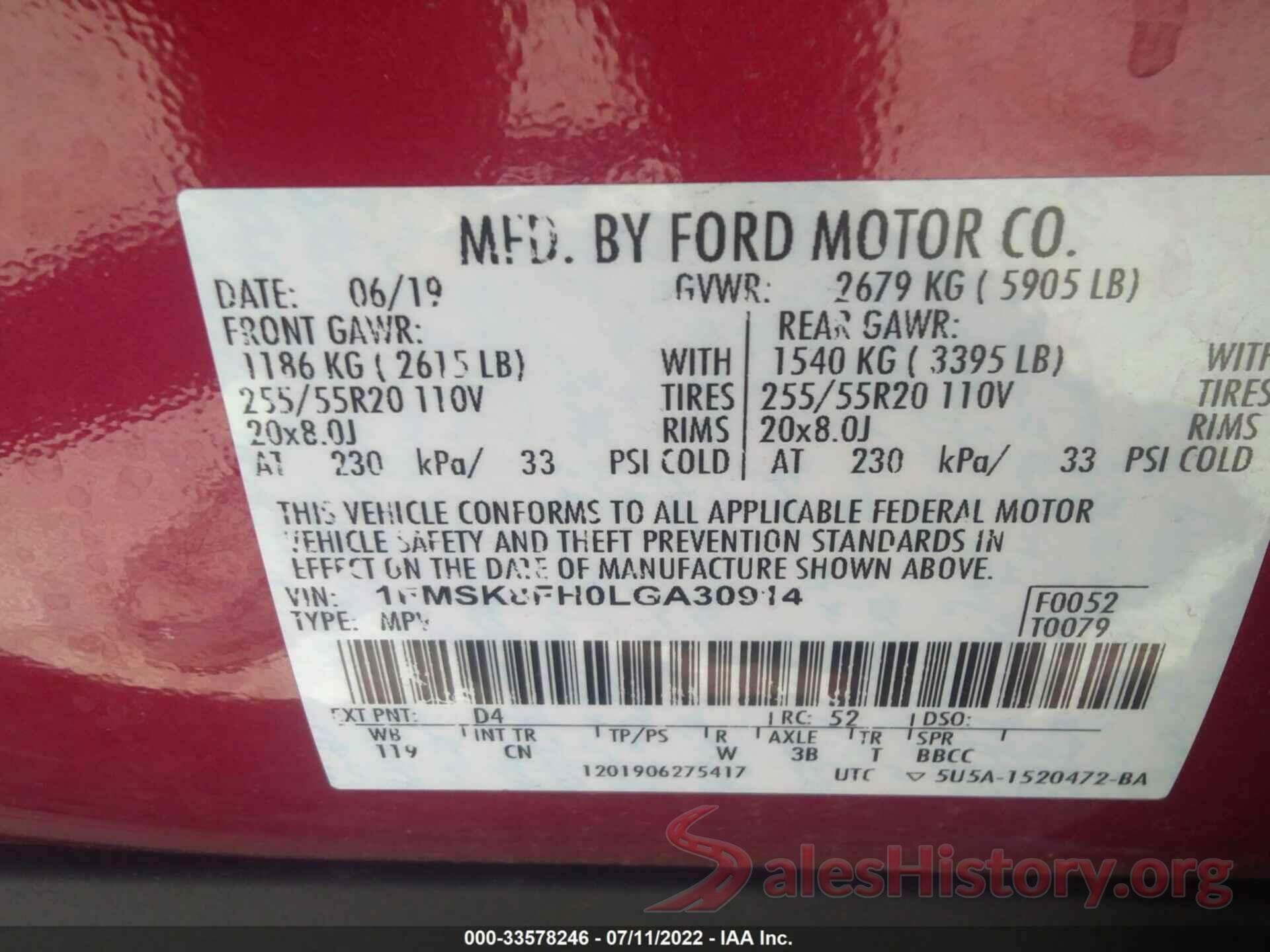 1FMSK8FH0LGA30914 2020 FORD EXPLORER