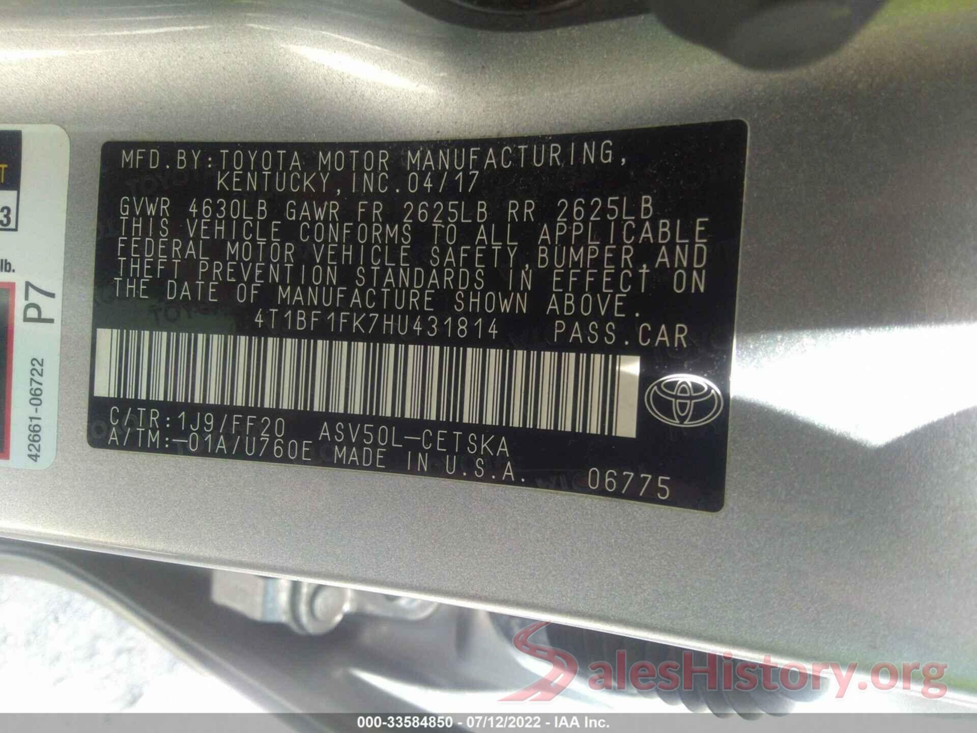 4T1BF1FK7HU431814 2017 TOYOTA CAMRY