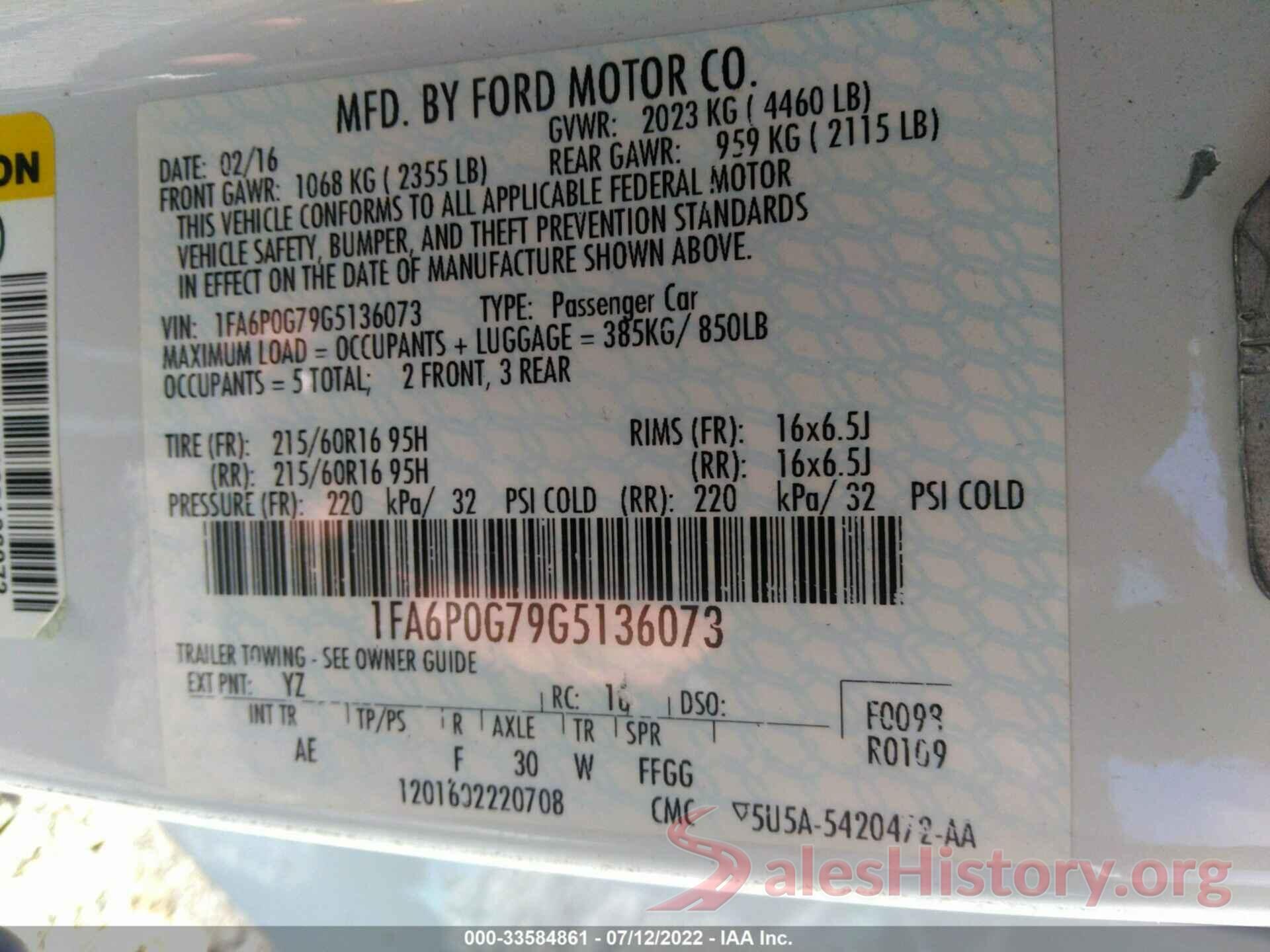 1FA6P0G79G5136073 2016 FORD FUSION