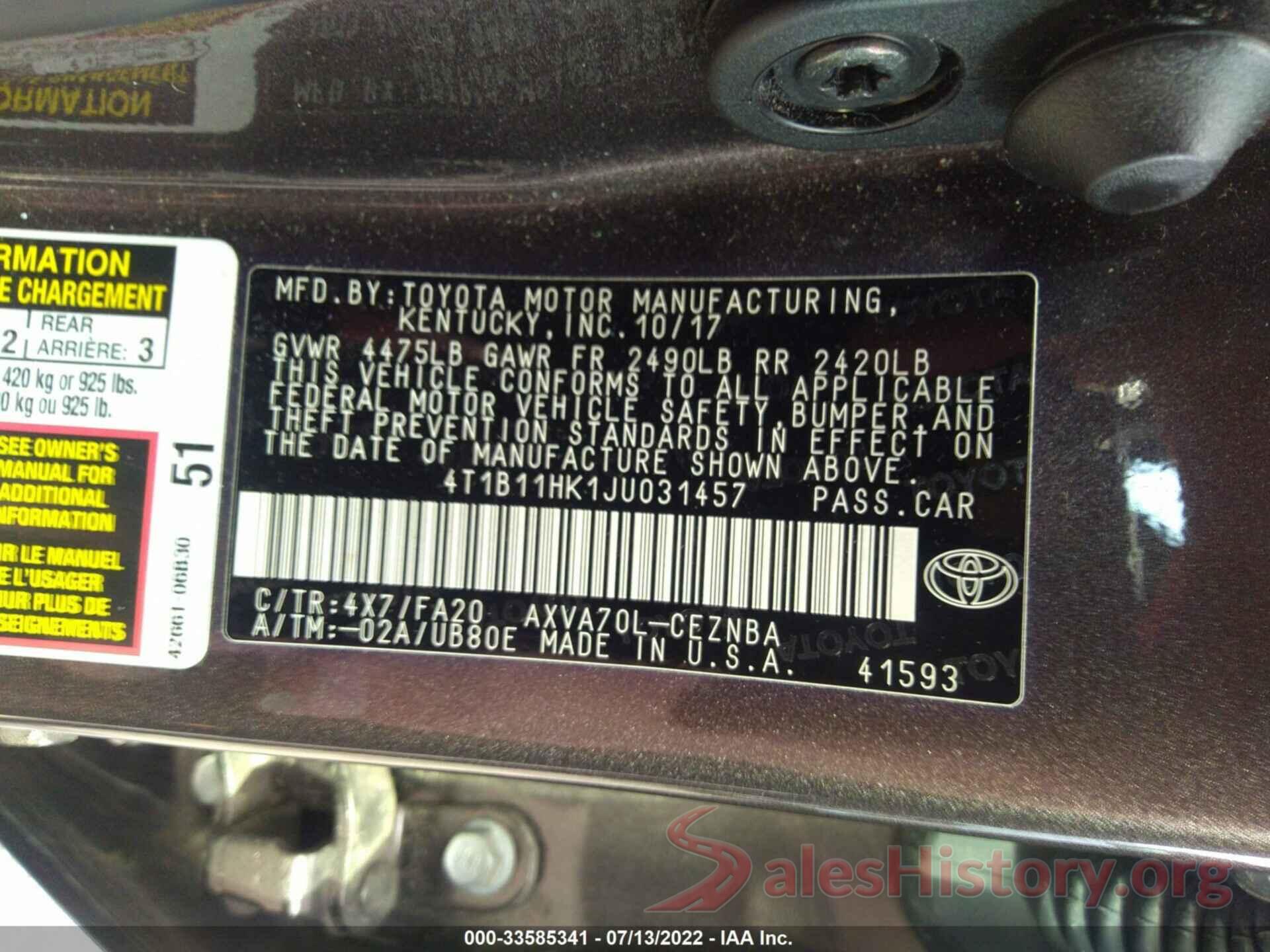 4T1B11HK1JU031457 2018 TOYOTA CAMRY