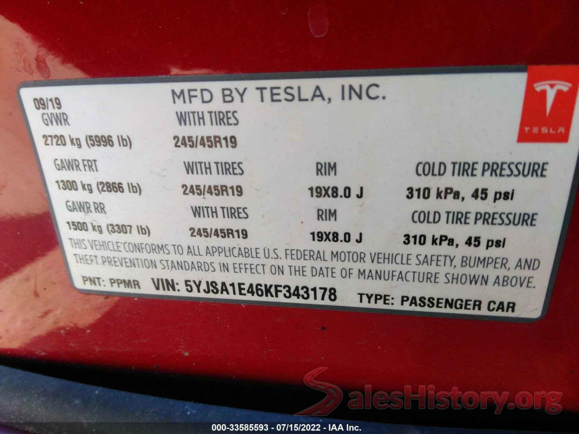 5YJSA1E46KF343178 2019 TESLA MODEL S