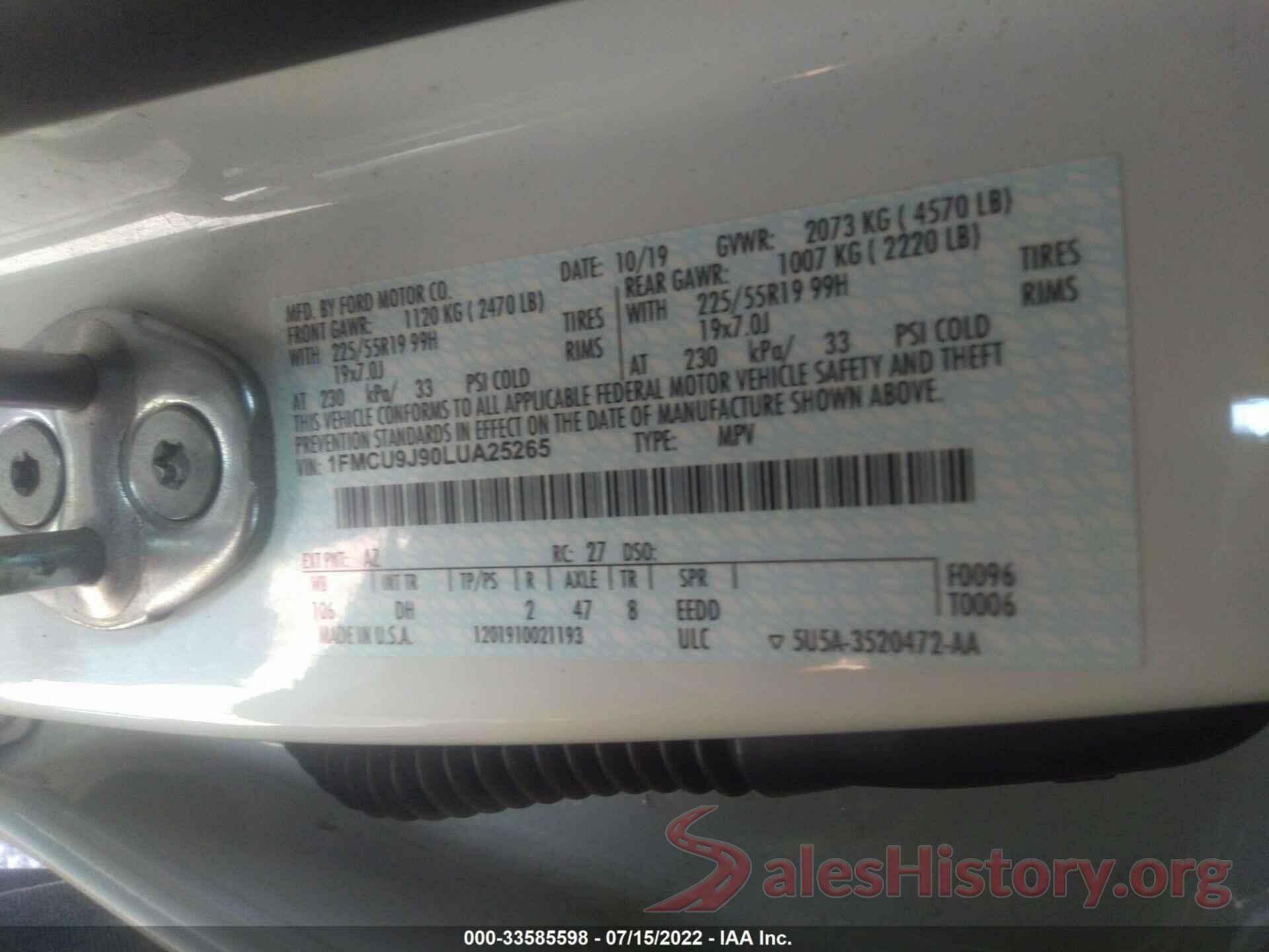 1FMCU9J90LUA25265 2020 FORD ESCAPE