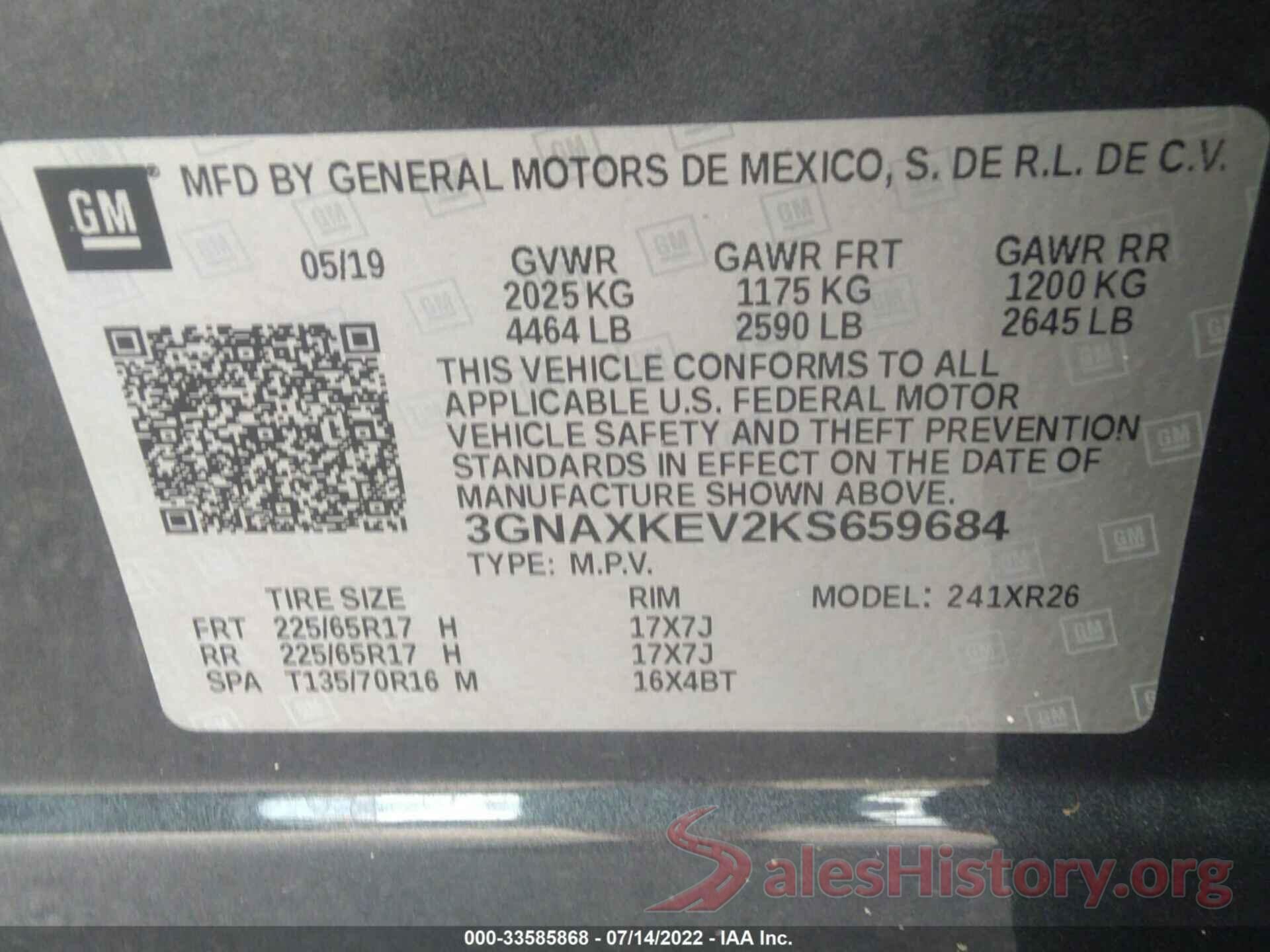 3GNAXKEV2KS659684 2019 CHEVROLET EQUINOX