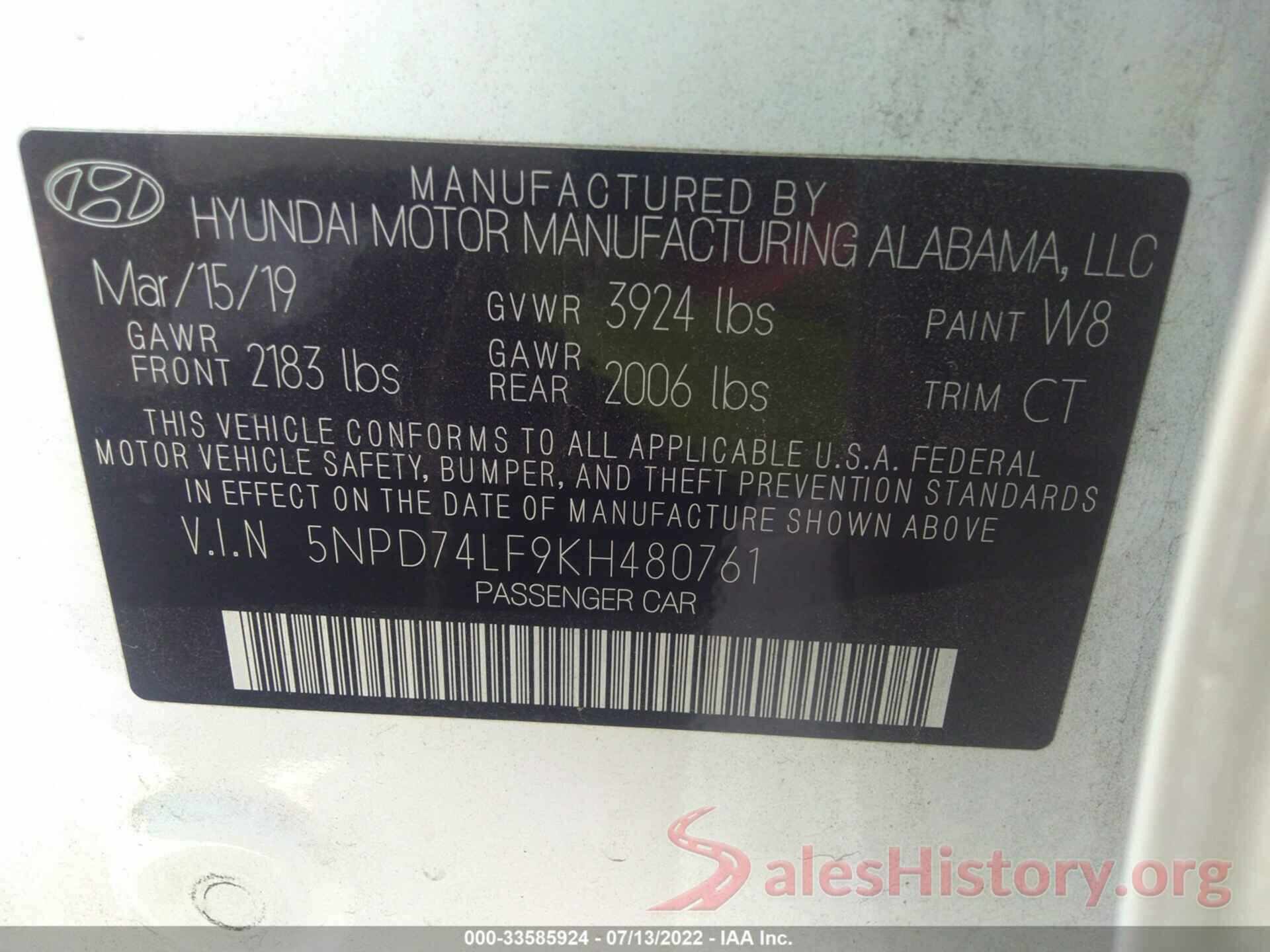 5NPD74LF9KH480761 2019 HYUNDAI ELANTRA