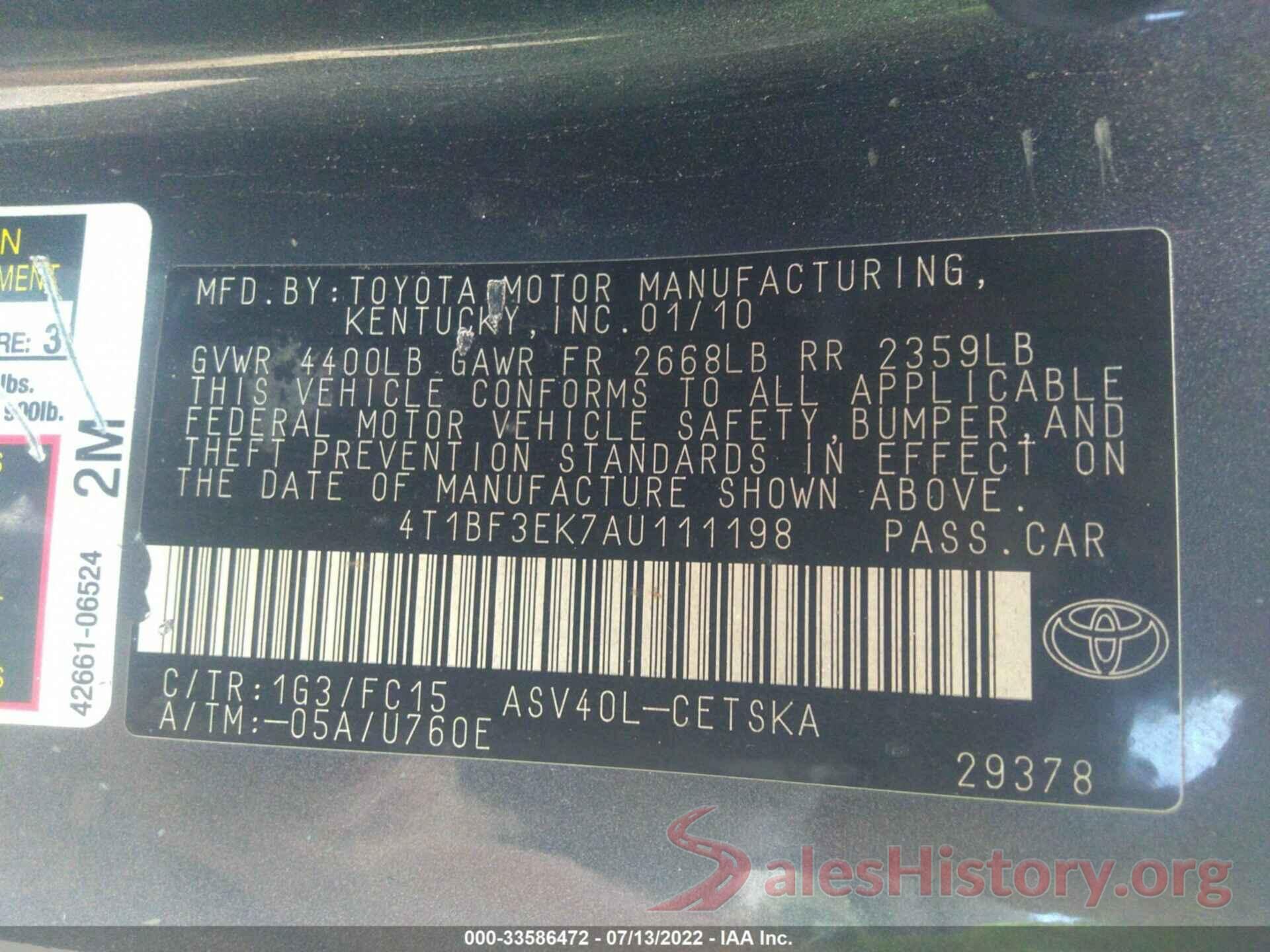 4T1BF3EK7AU111198 2010 TOYOTA CAMRY