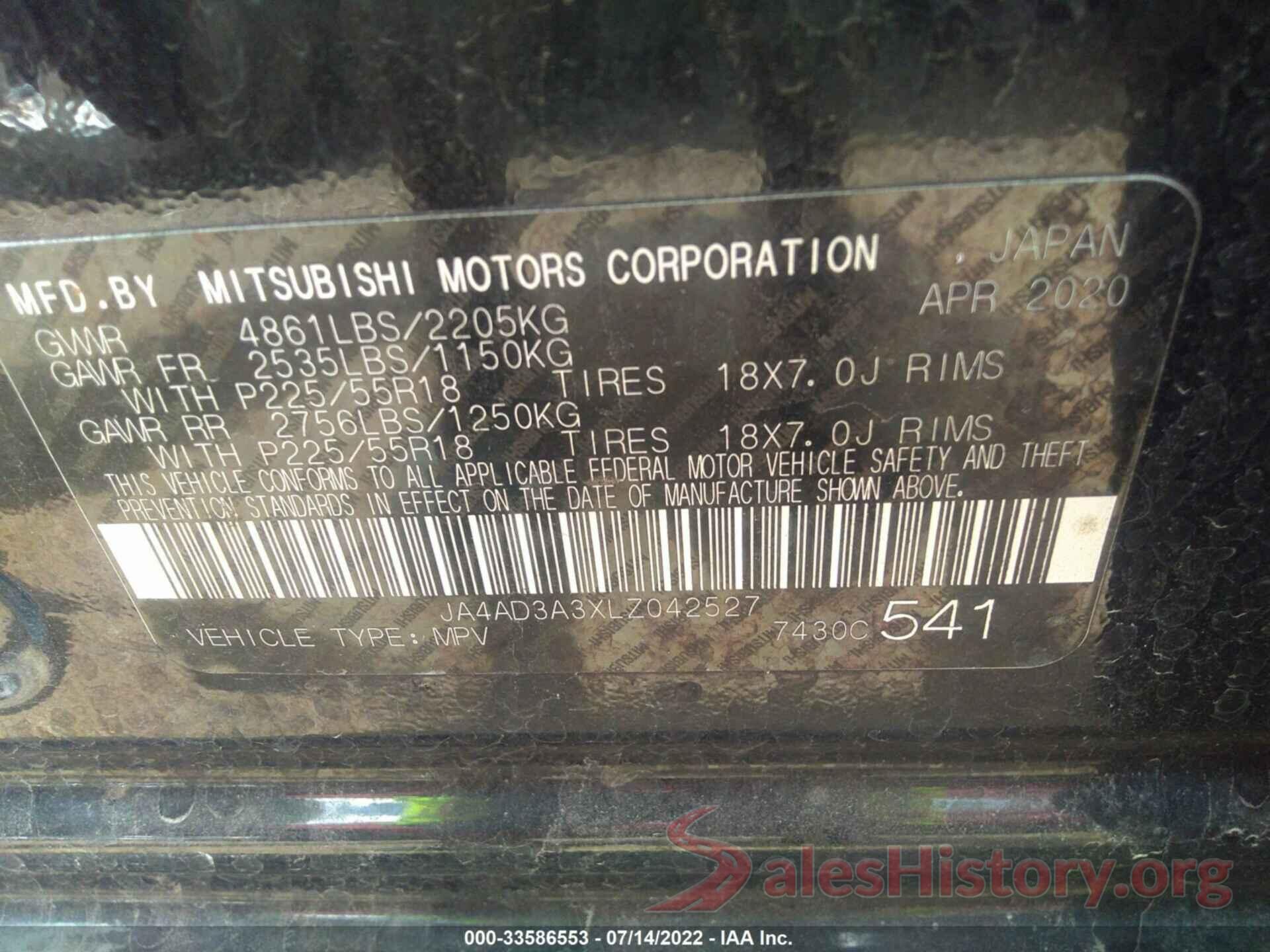 JA4AD3A3XLZ042527 2020 MITSUBISHI OUTLANDER