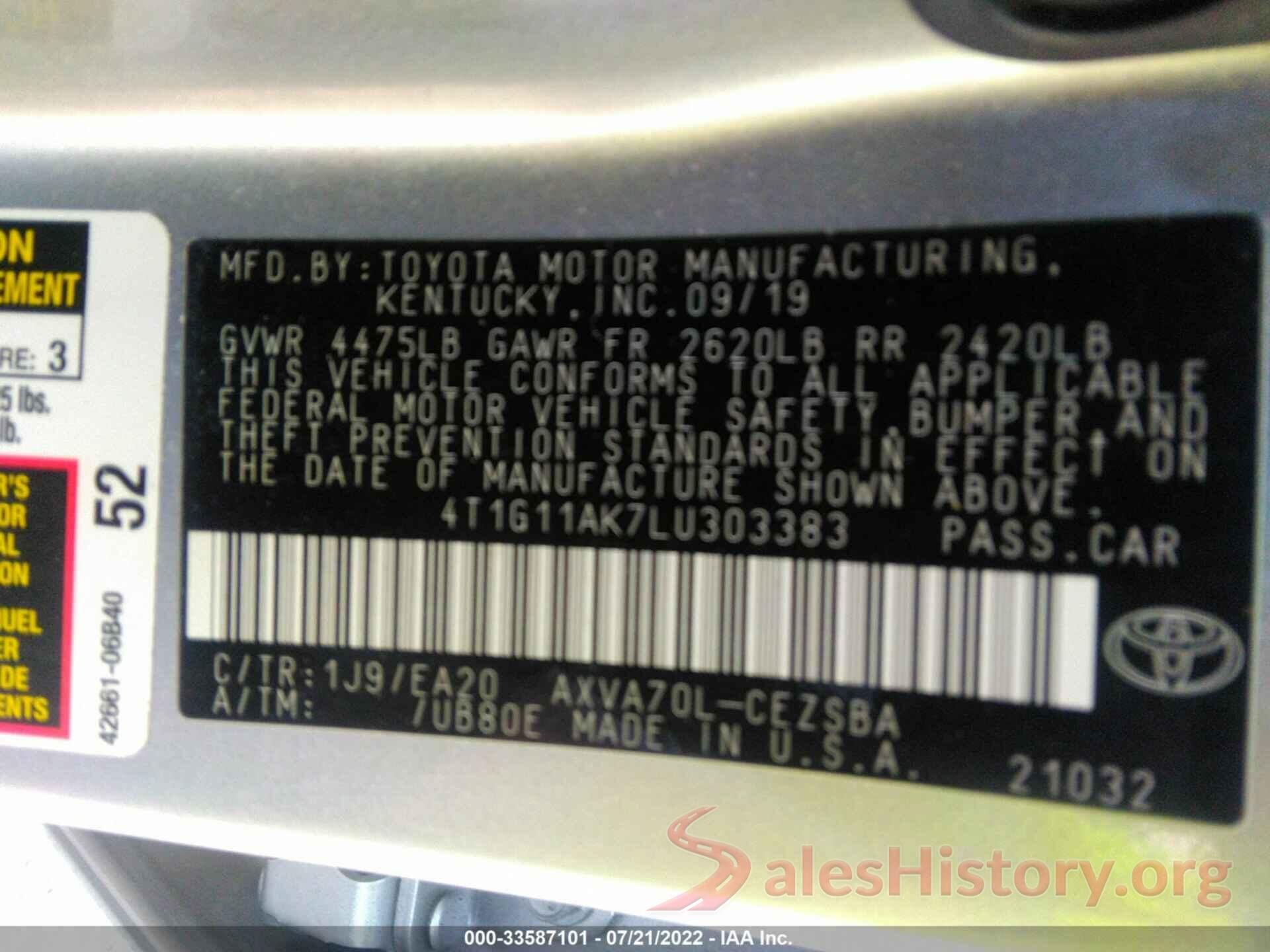 4T1G11AK7LU303383 2020 TOYOTA CAMRY