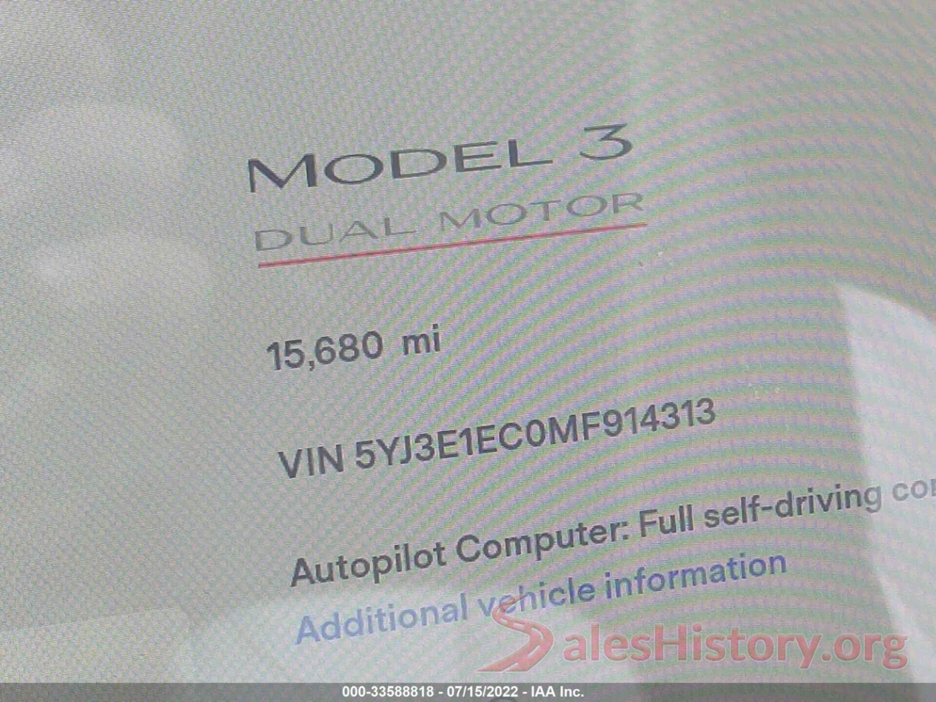 5YJ3E1EC0MF914313 2021 TESLA MODEL 3