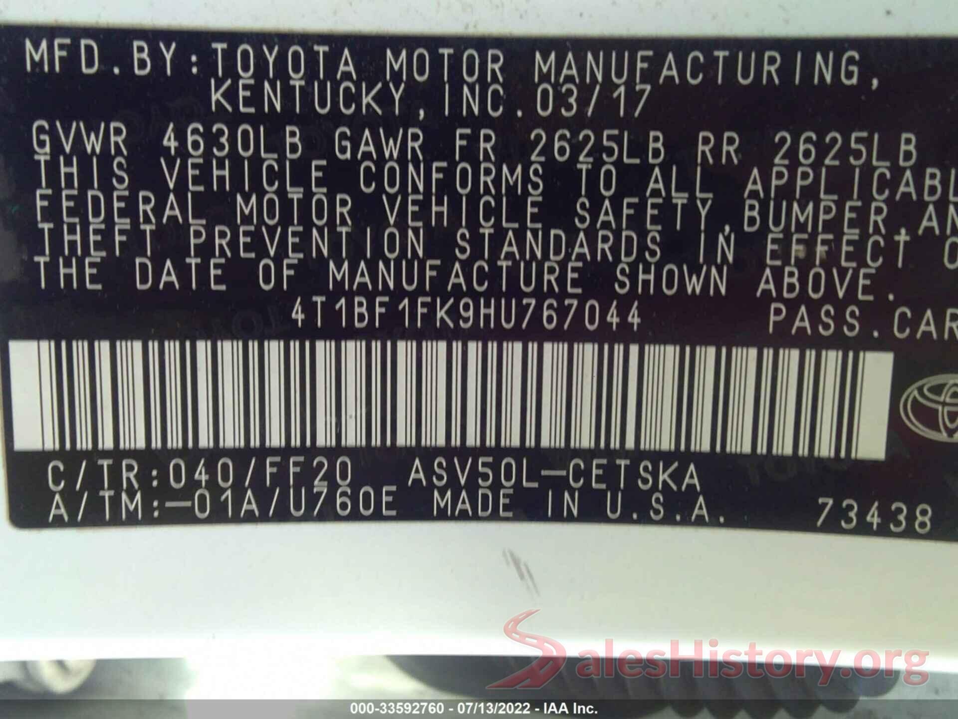 4T1BF1FK9HU767044 2017 TOYOTA CAMRY