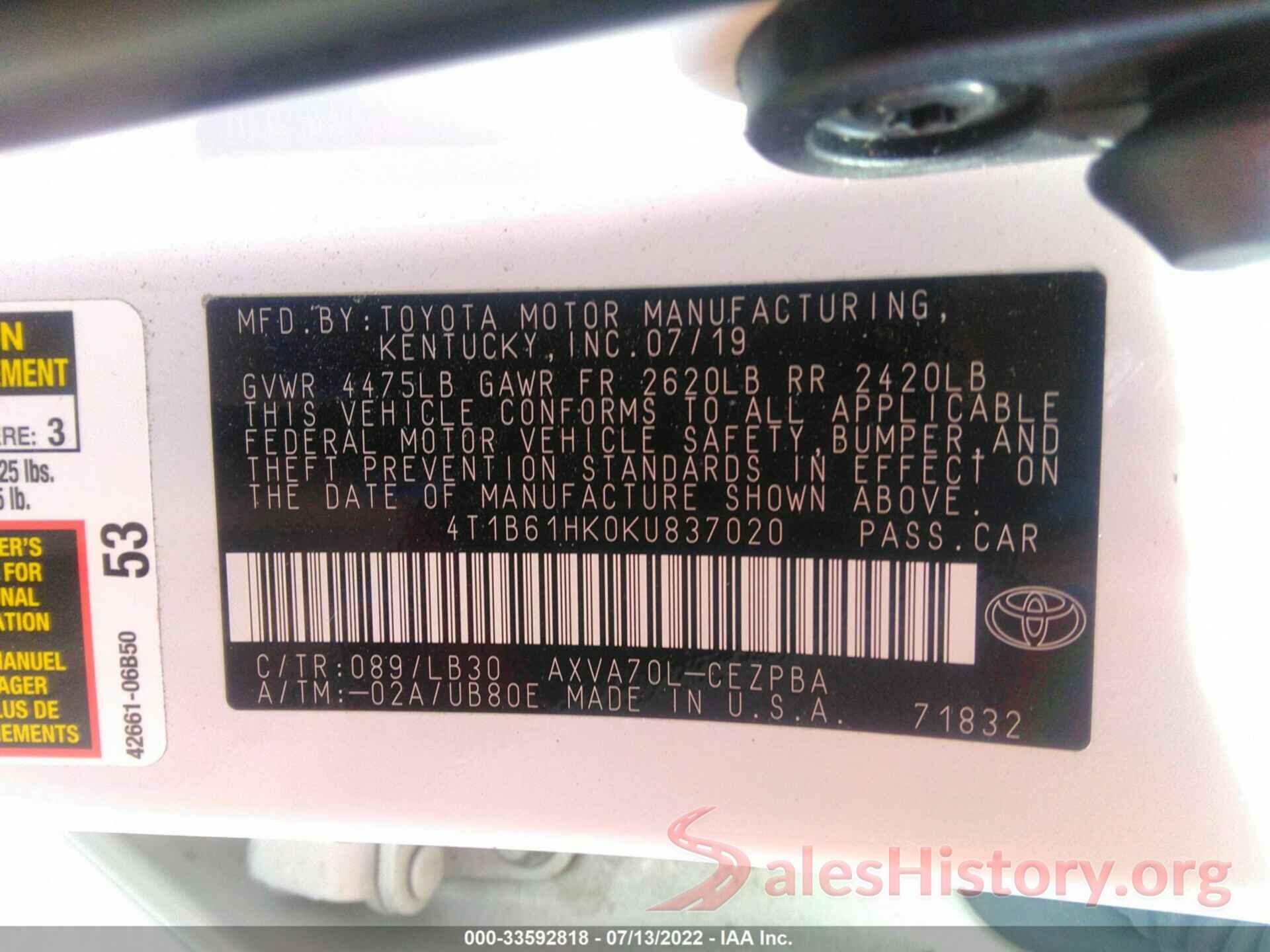 4T1B61HK0KU837020 2019 TOYOTA CAMRY