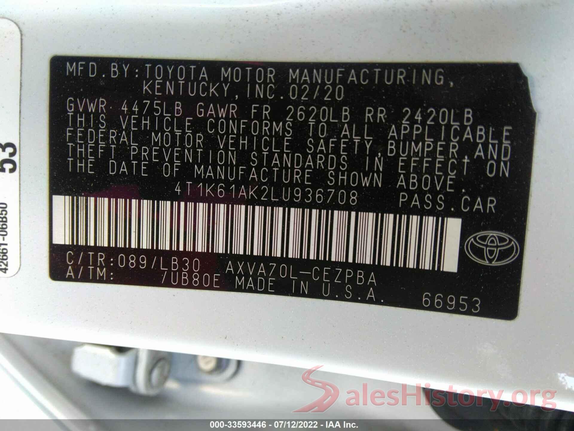 4T1K61AK2LU936708 2020 TOYOTA CAMRY