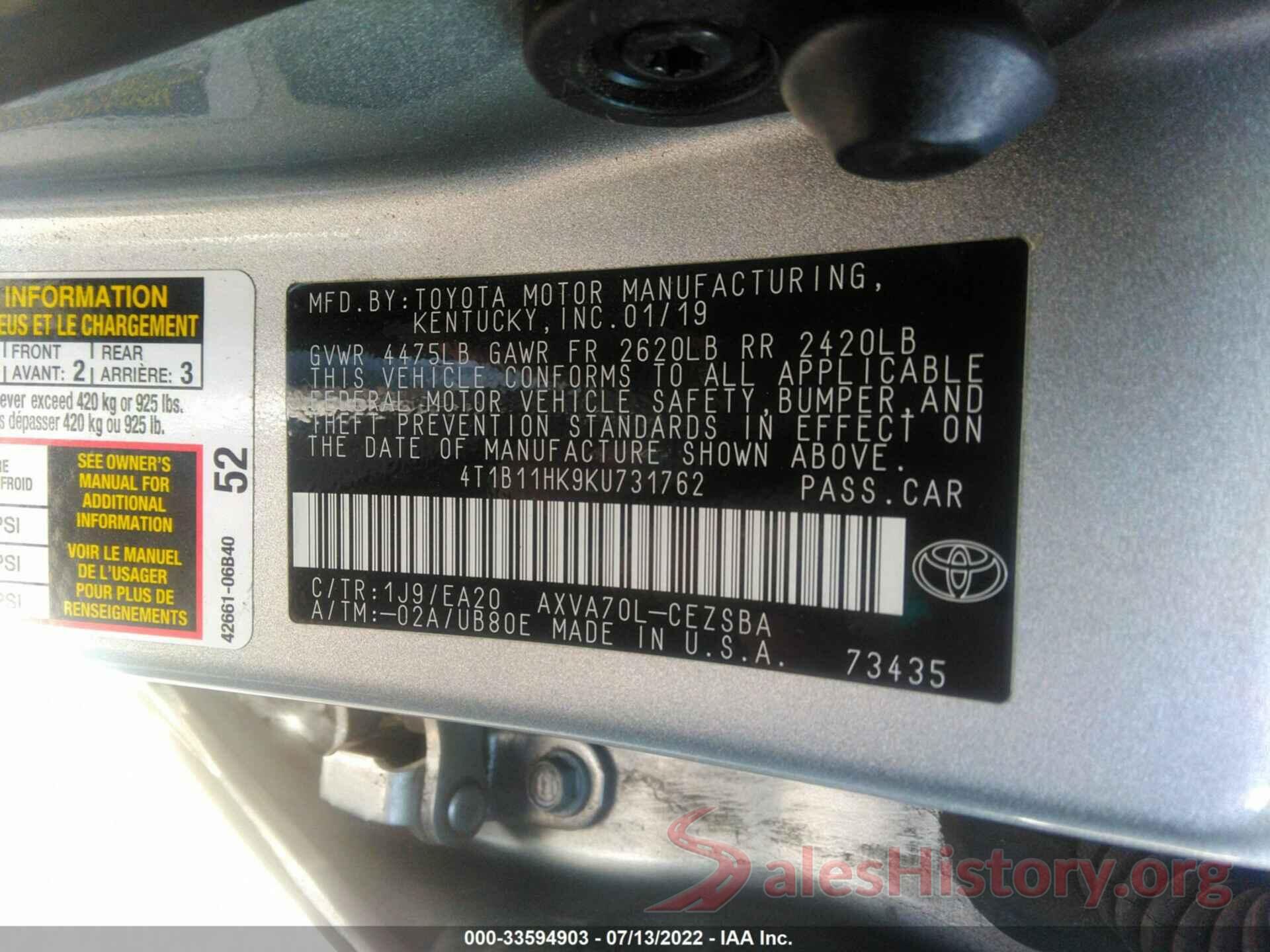 4T1B11HK9KU731762 2019 TOYOTA CAMRY