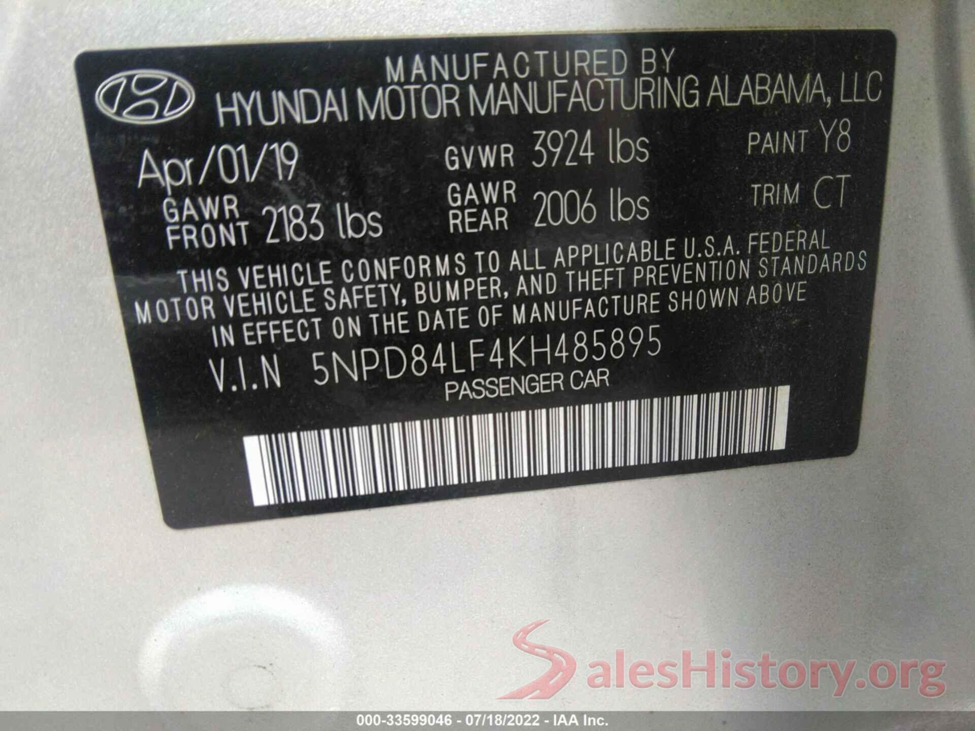 5NPD84LF4KH485895 2019 HYUNDAI ELANTRA