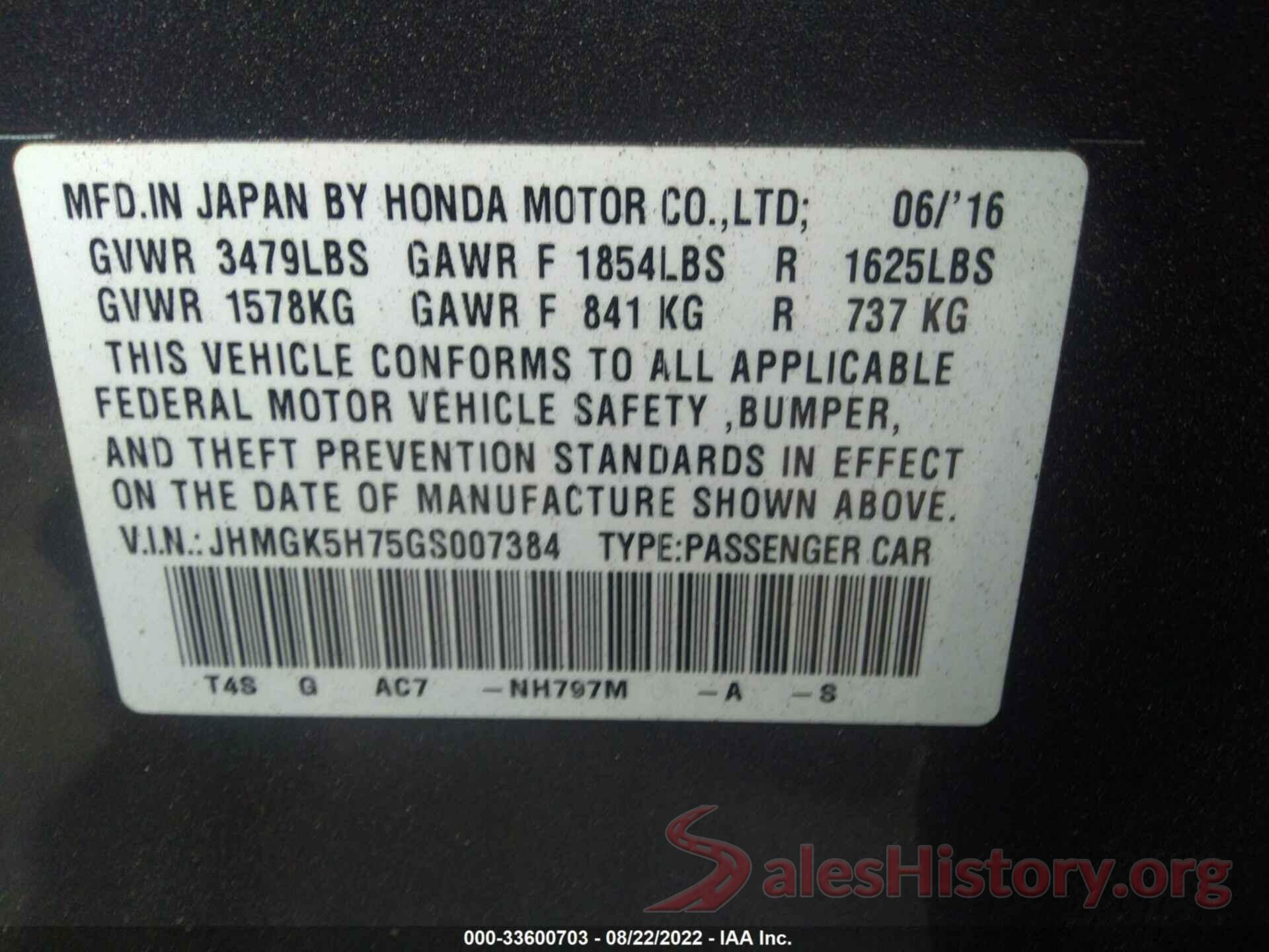 JHMGK5H75GS007384 2016 HONDA FIT