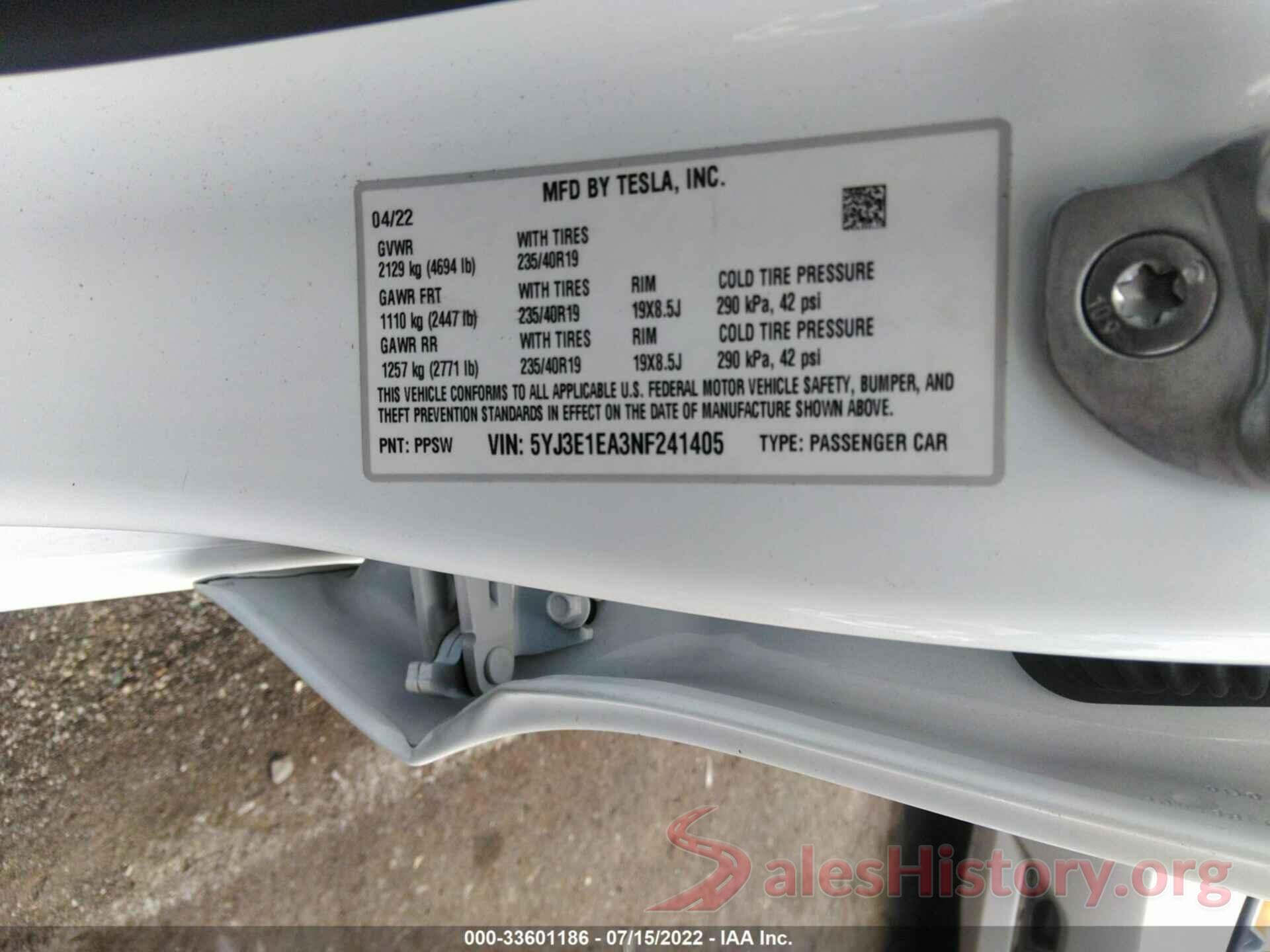 5YJ3E1EA3NF241405 2022 TESLA MODEL 3