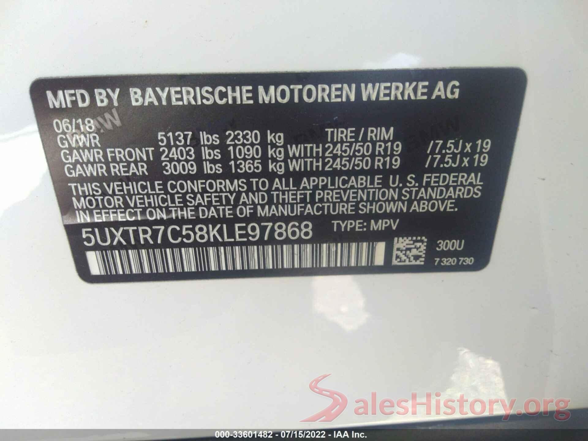 5UXTR7C58KLE97868 2019 BMW X3