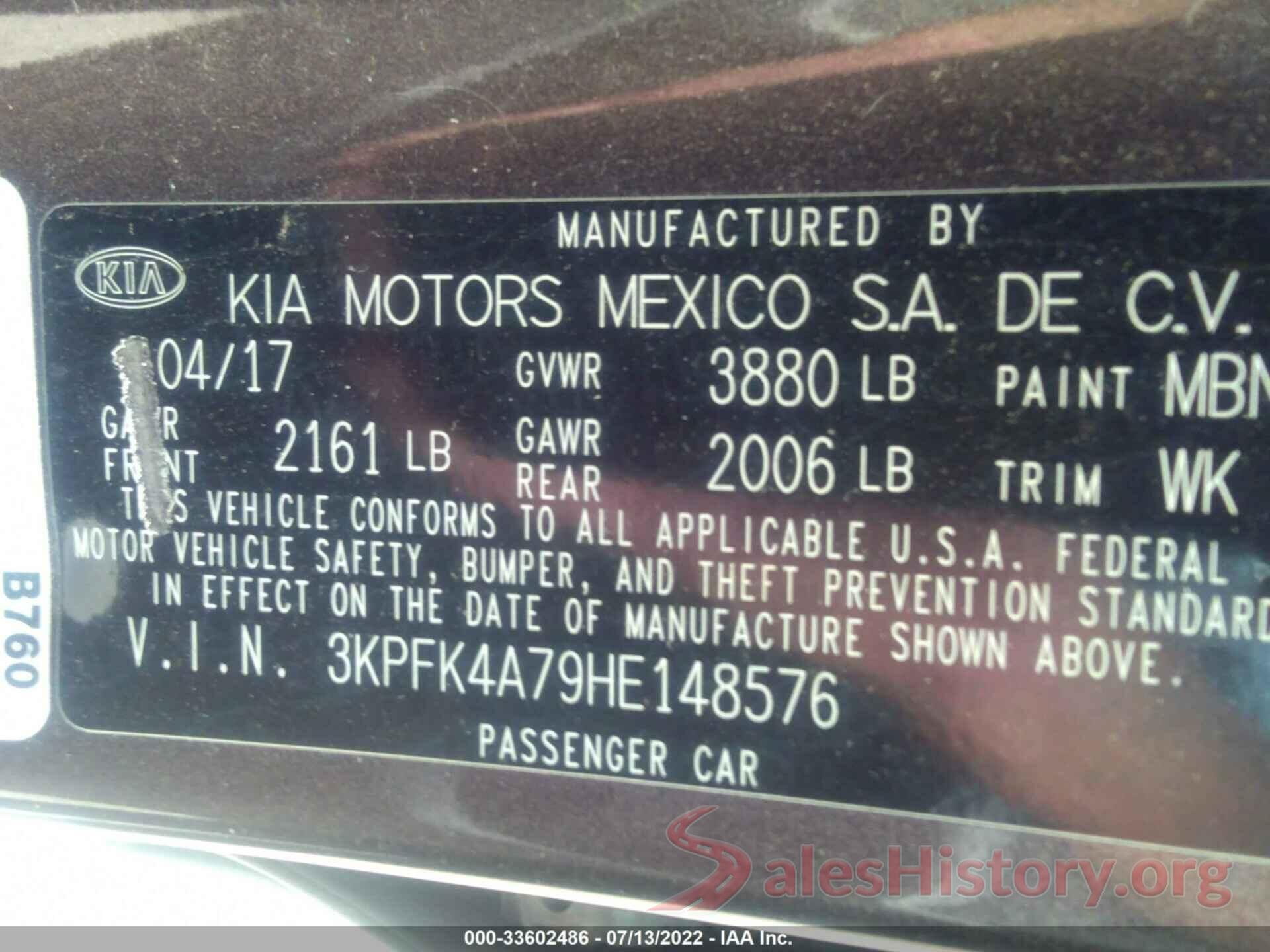 3KPFK4A79HE148576 2017 KIA FORTE