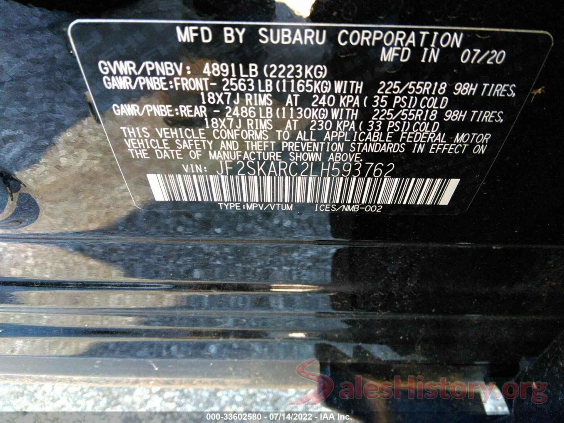 JF2SKARC2LH593762 2020 SUBARU FORESTER