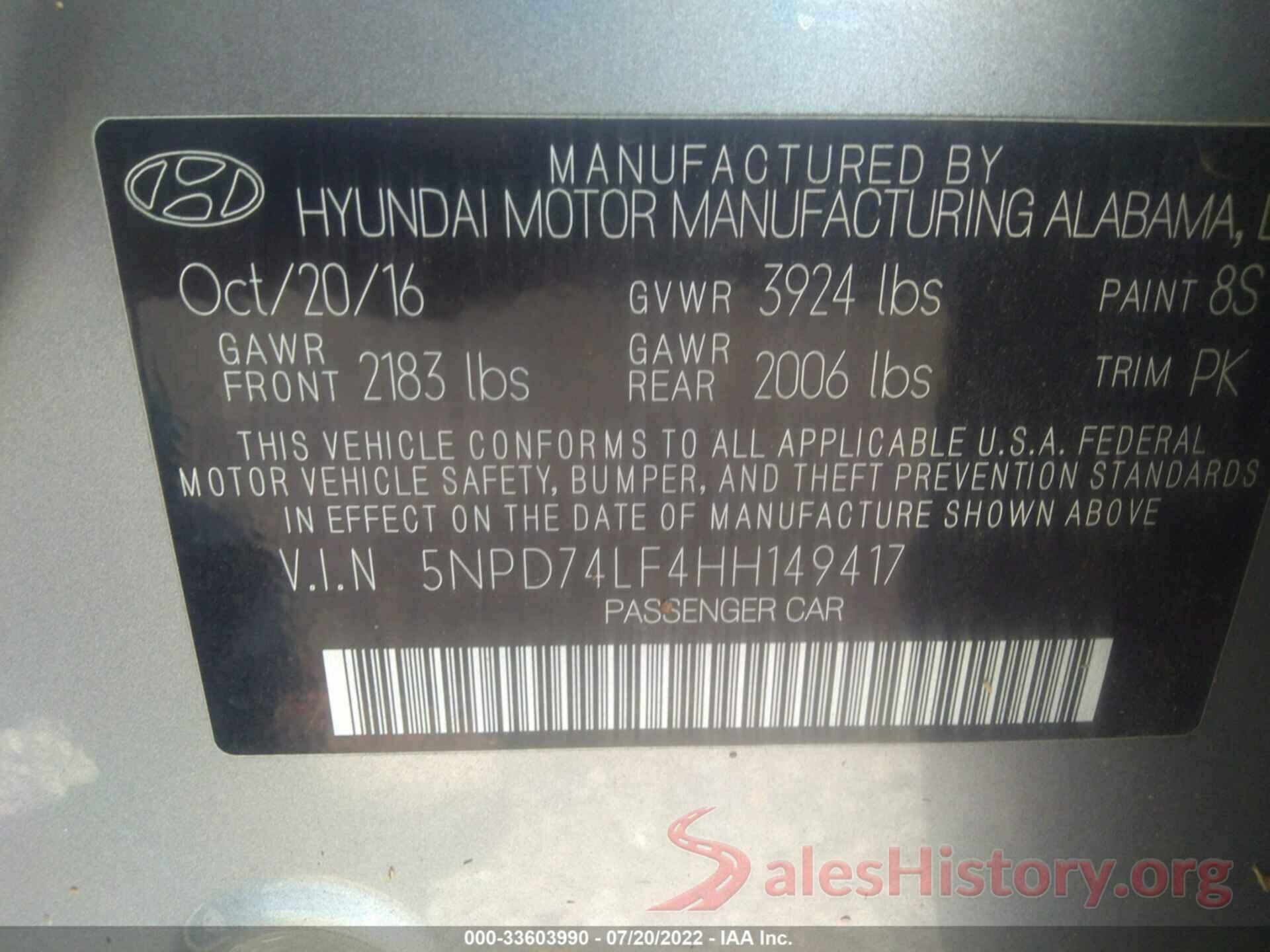 5NPD74LF4HH149417 2017 HYUNDAI ELANTRA