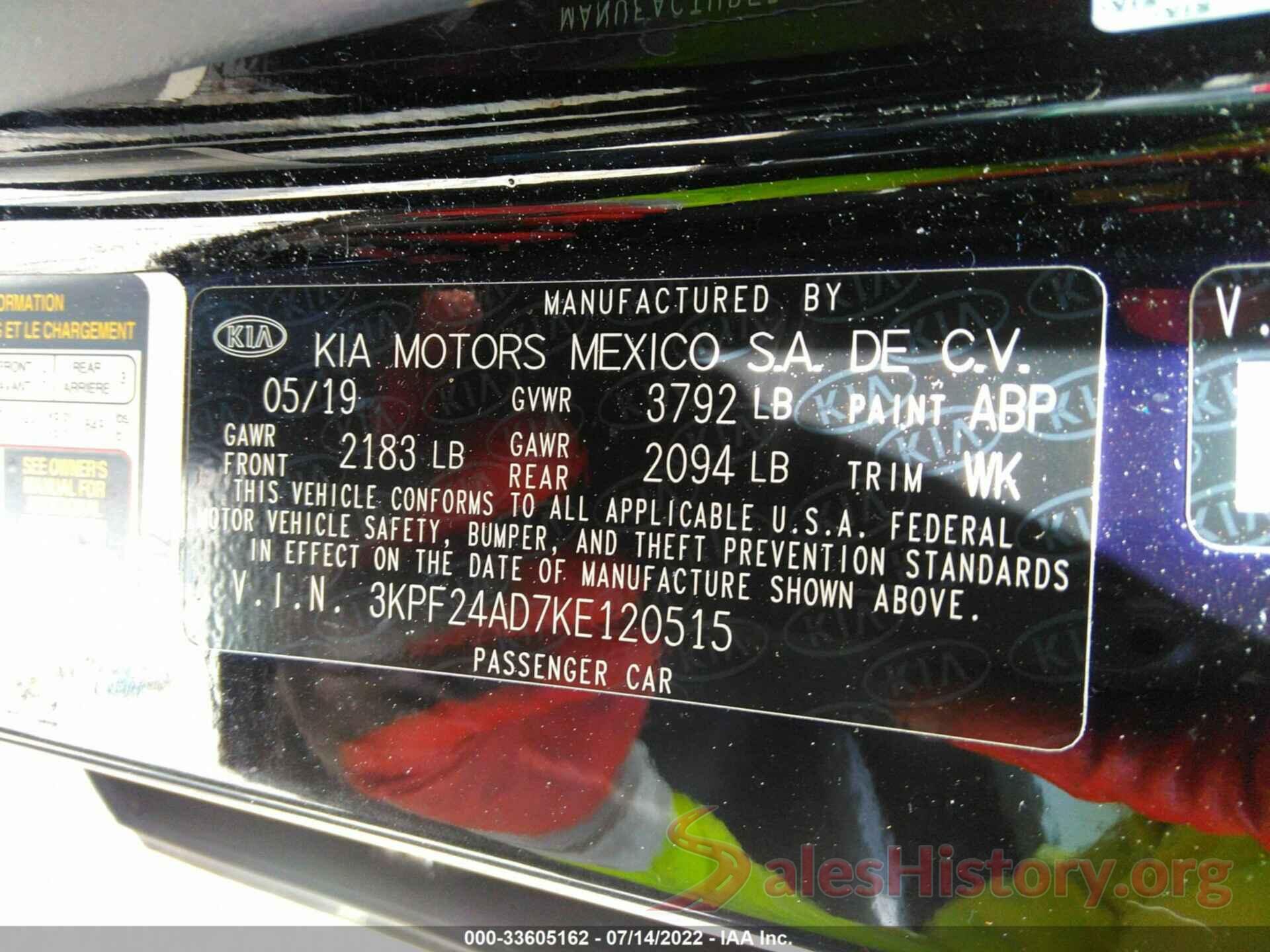 3KPF24AD7KE120515 2019 KIA FORTE