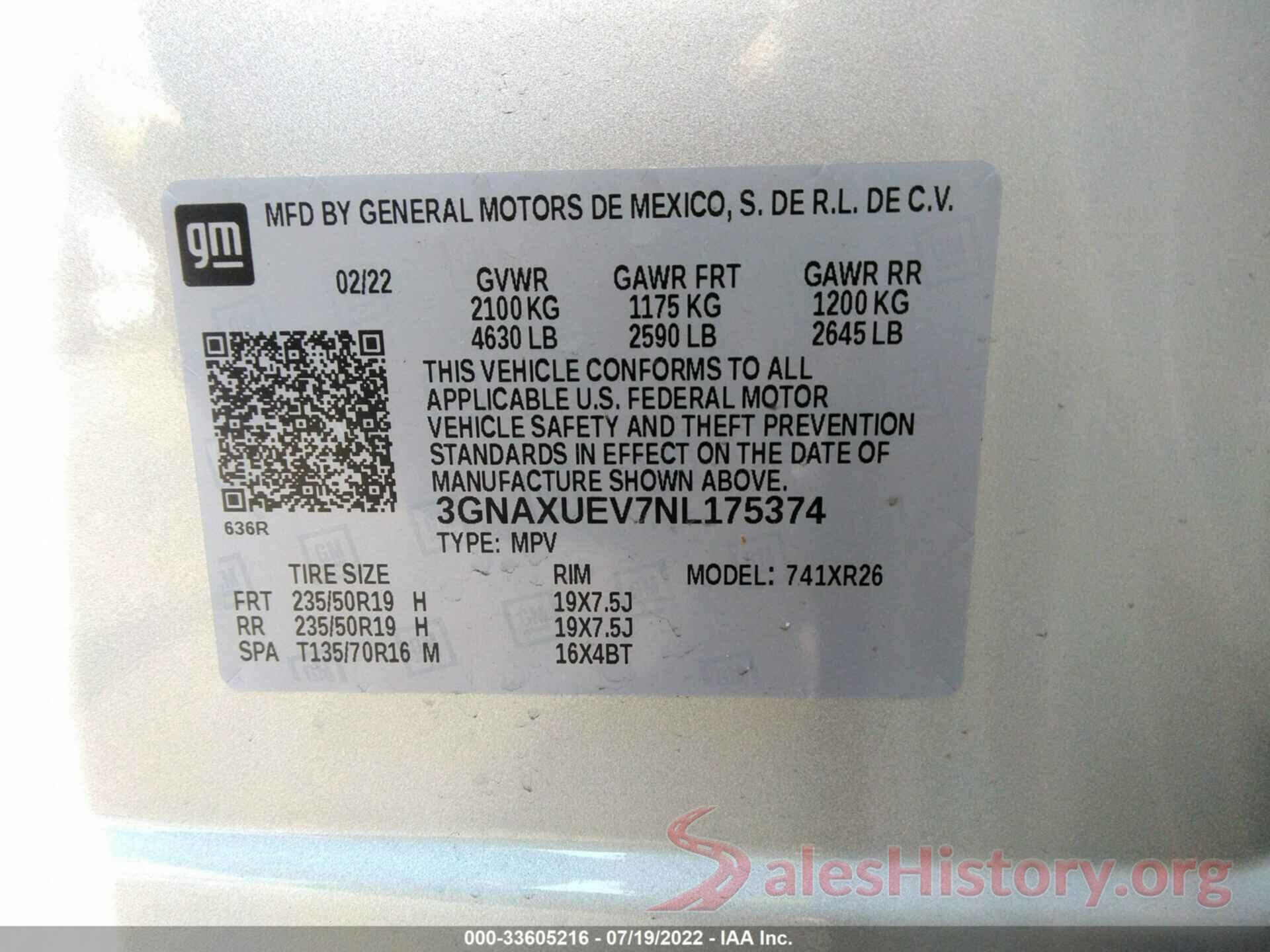 3GNAXUEV7NL175374 2022 CHEVROLET EQUINOX