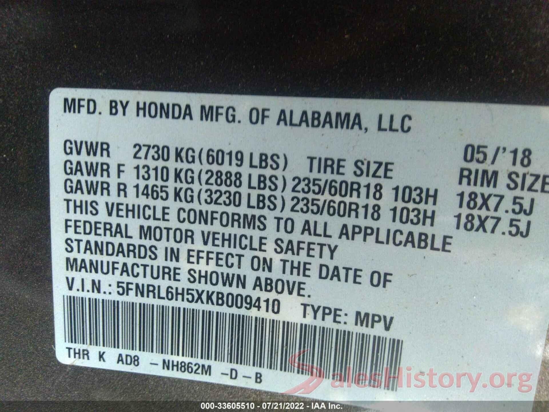 5FNRL6H5XKB009410 2019 HONDA ODYSSEY