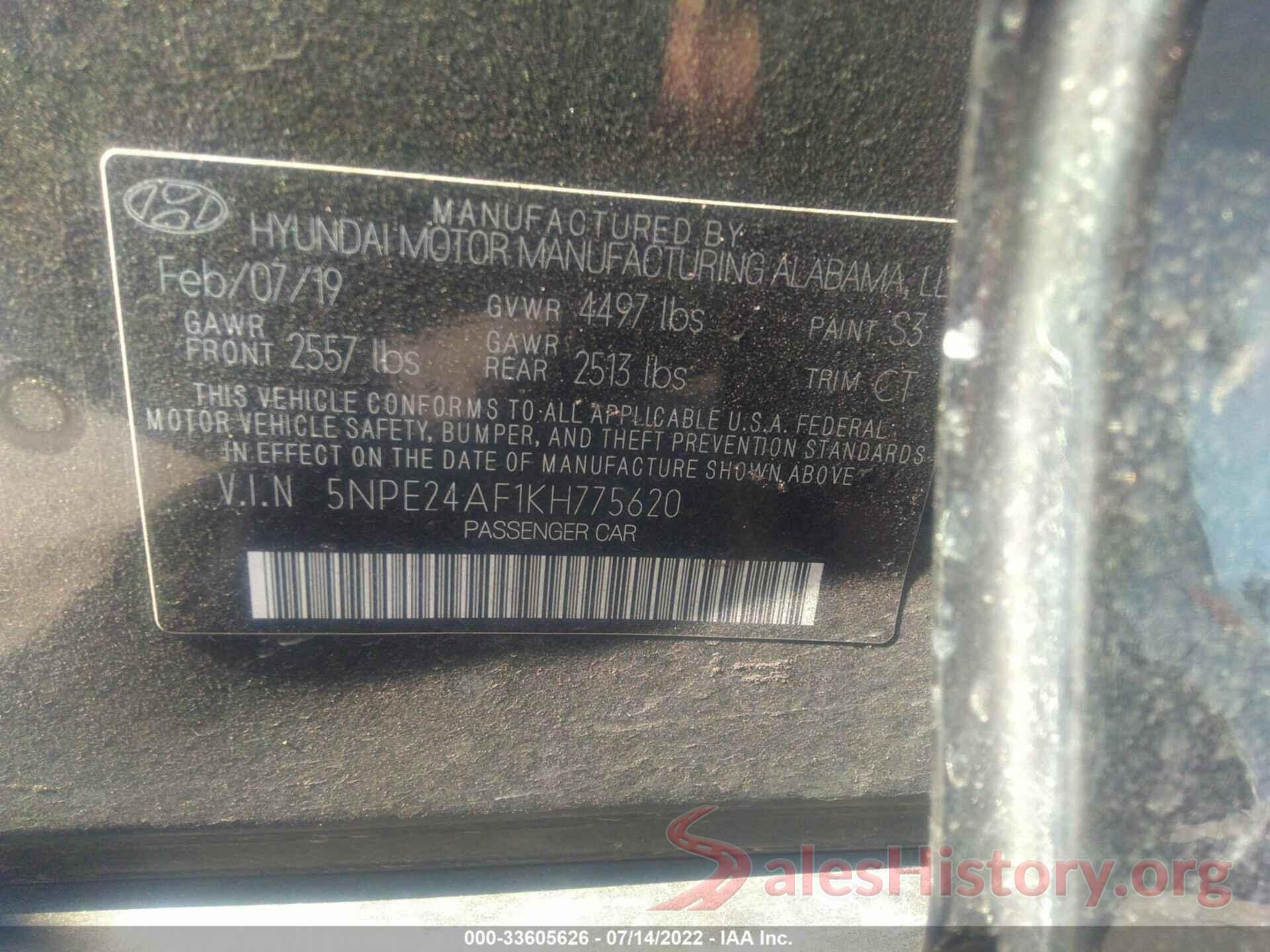 5NPE24AF1KH775620 2019 HYUNDAI SONATA