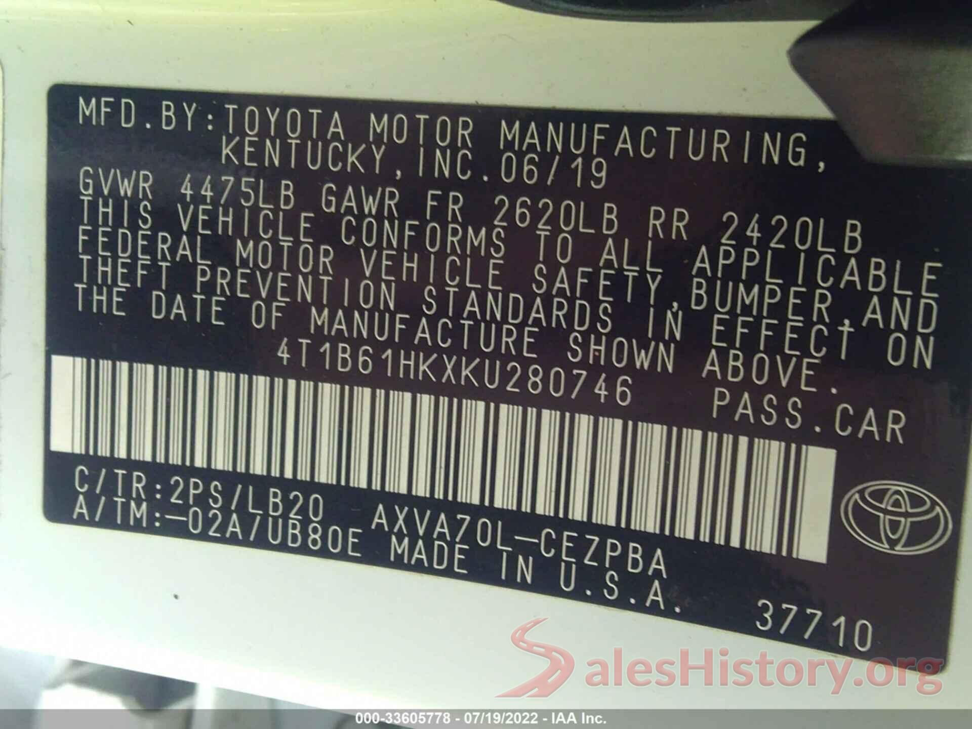 4T1B61HKXKU280746 2019 TOYOTA CAMRY