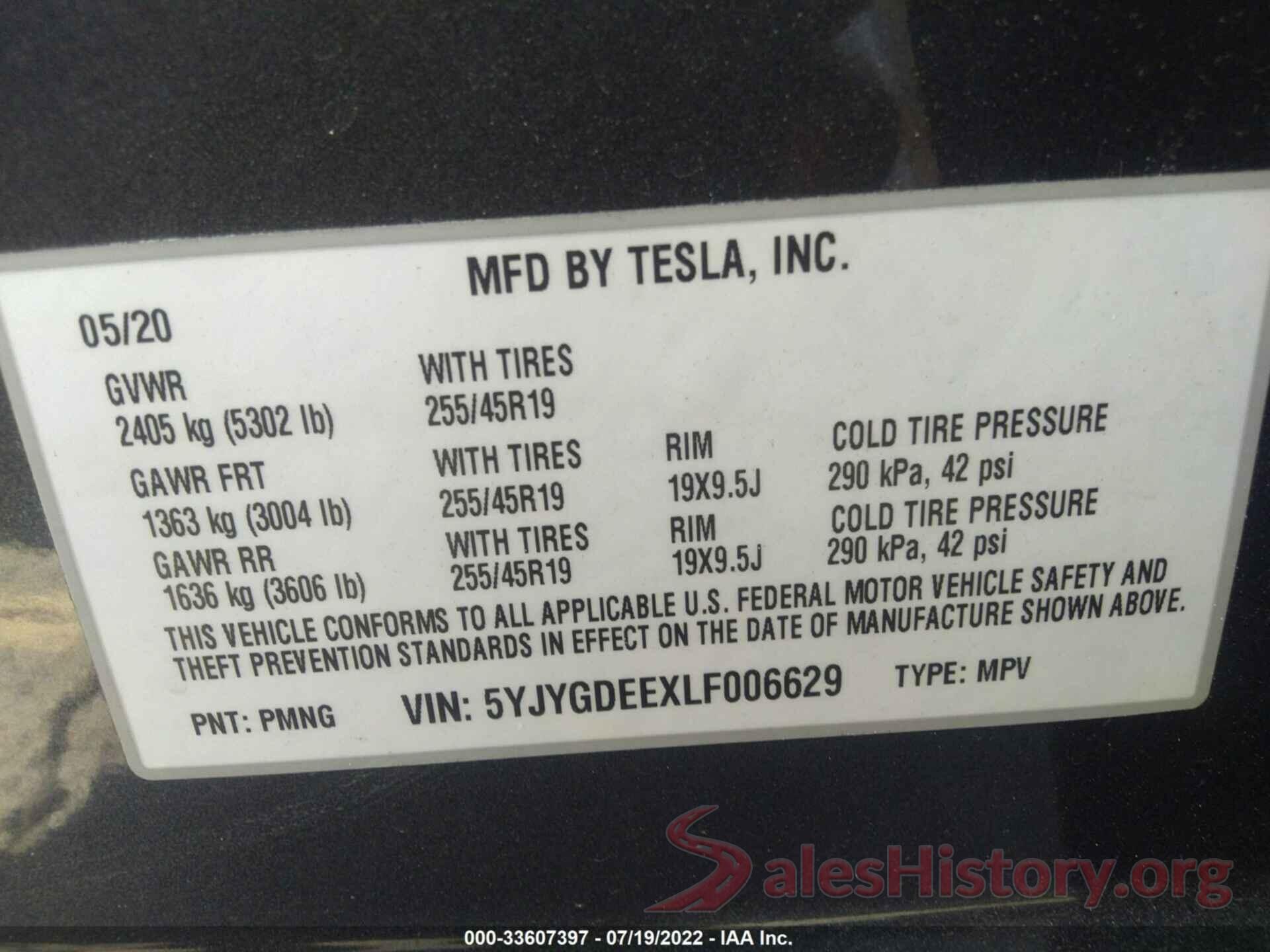 5YJYGDEEXLF006629 2020 TESLA MODEL Y