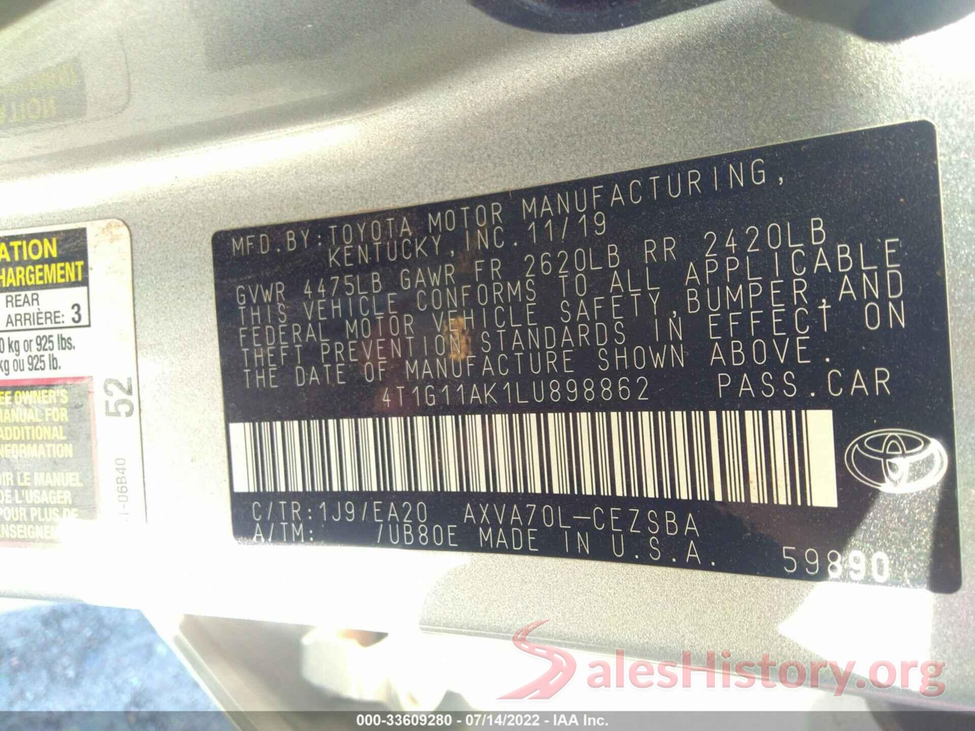 4T1G11AK1LU898862 2020 TOYOTA CAMRY