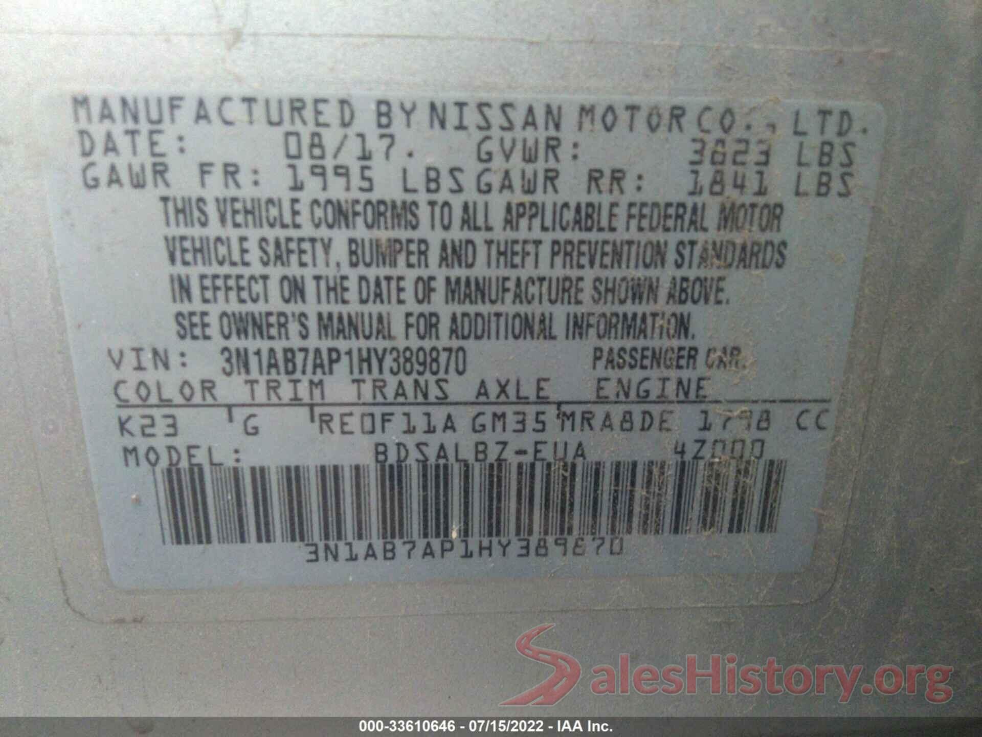 3N1AB7AP1HY389870 2017 NISSAN SENTRA