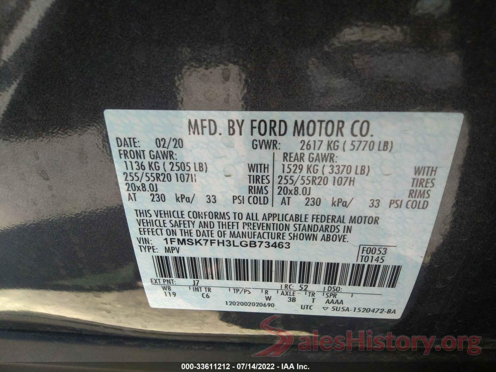 1FMSK7FH3LGB73463 2020 FORD EXPLORER