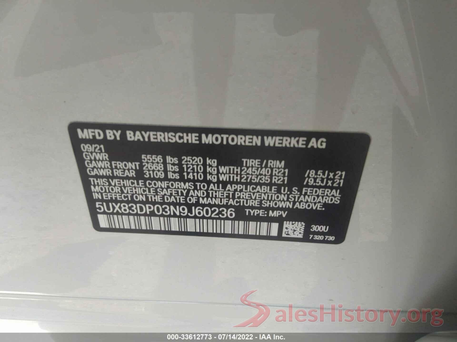 5UX83DP03N9J60236 2022 BMW X3