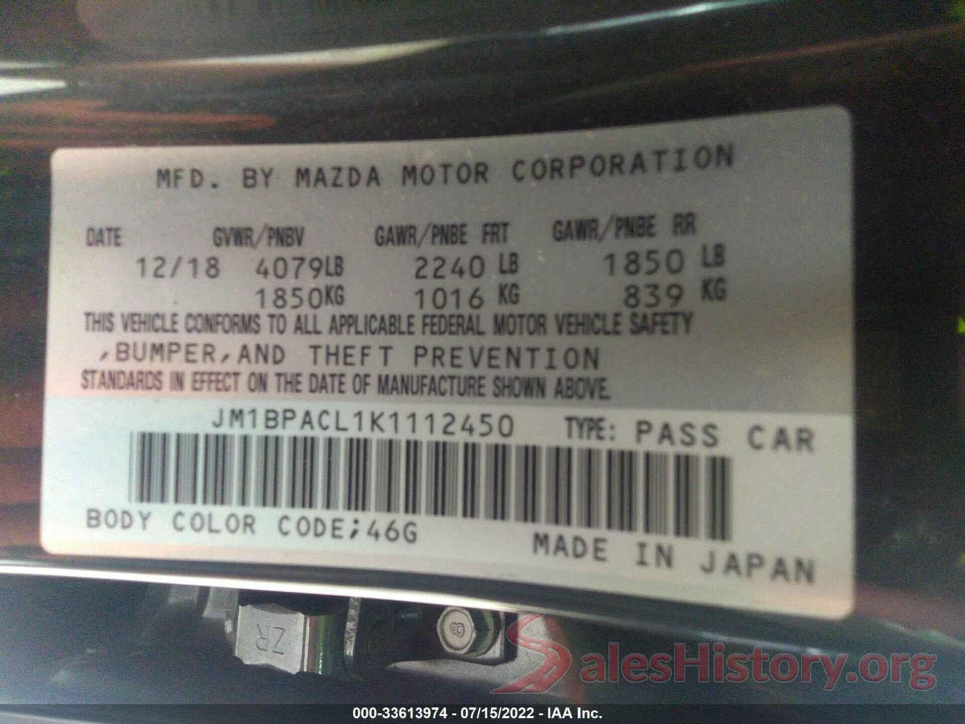 JM1BPACL1K1112450 2019 MAZDA MAZDA3 SEDAN