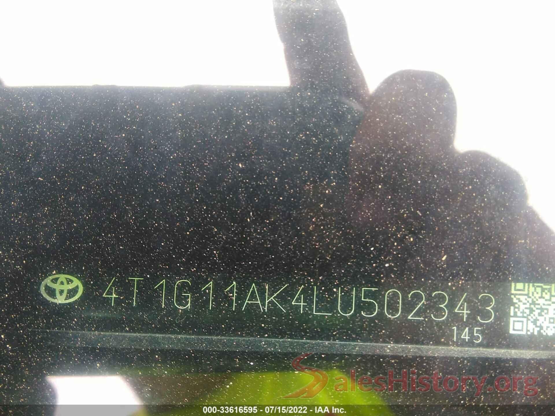 4T1G11AK4LU502343 2020 TOYOTA CAMRY