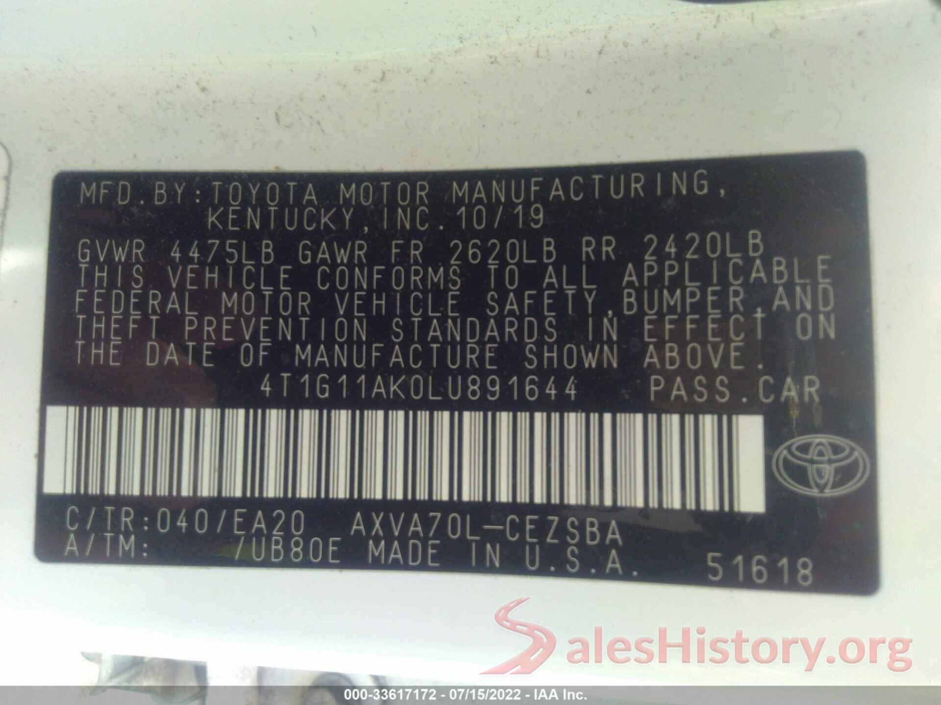 4T1G11AK0LU891644 2020 TOYOTA CAMRY