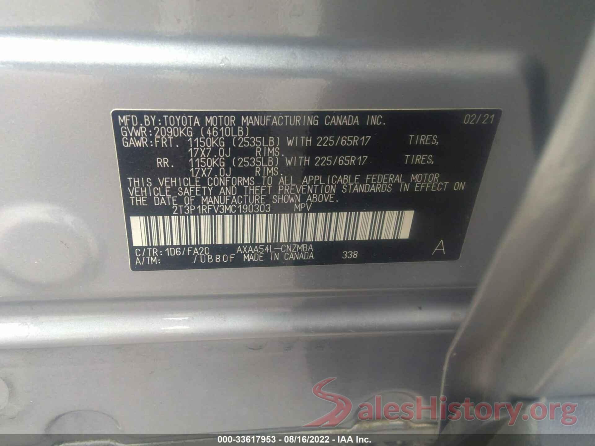 2T3P1RFV3MC190303 2021 TOYOTA RAV4