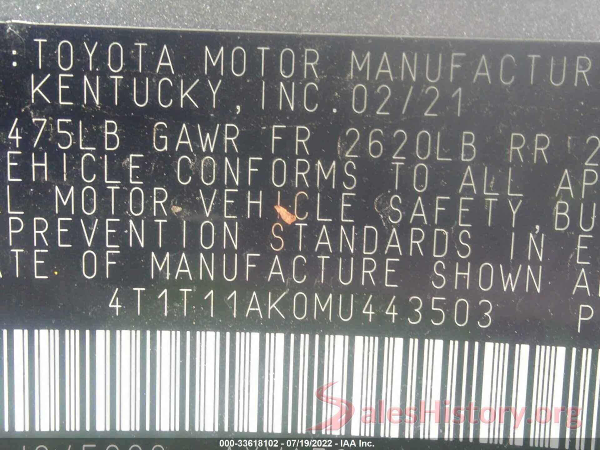 4T1T11AK0MU443503 2021 TOYOTA CAMRY