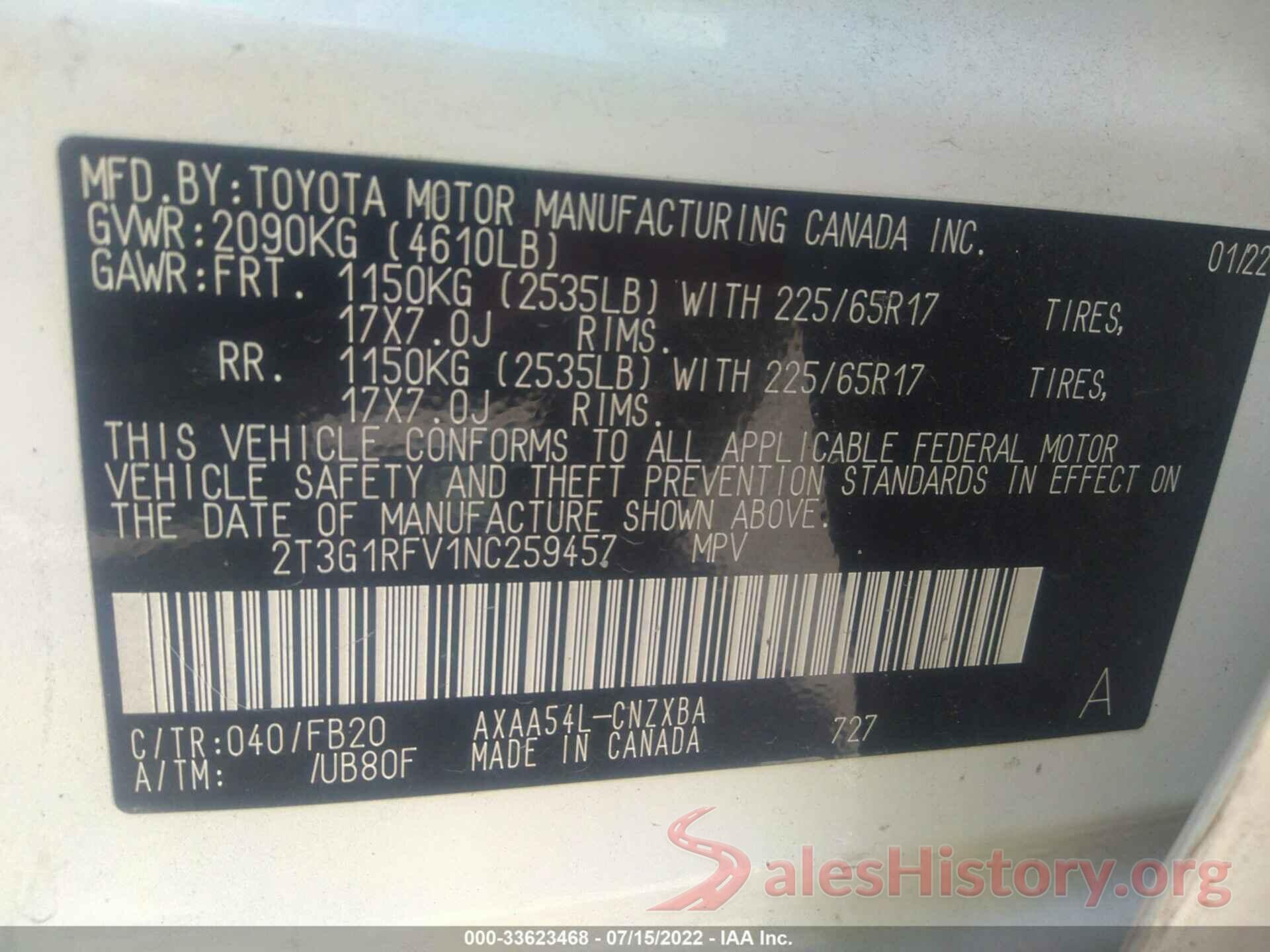 2T3G1RFV1NC259457 2022 TOYOTA RAV4