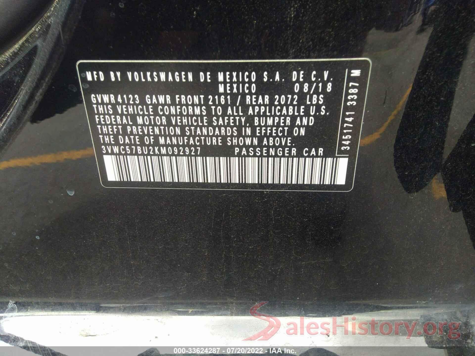 3VWC57BU2KM092927 2019 VOLKSWAGEN JETTA