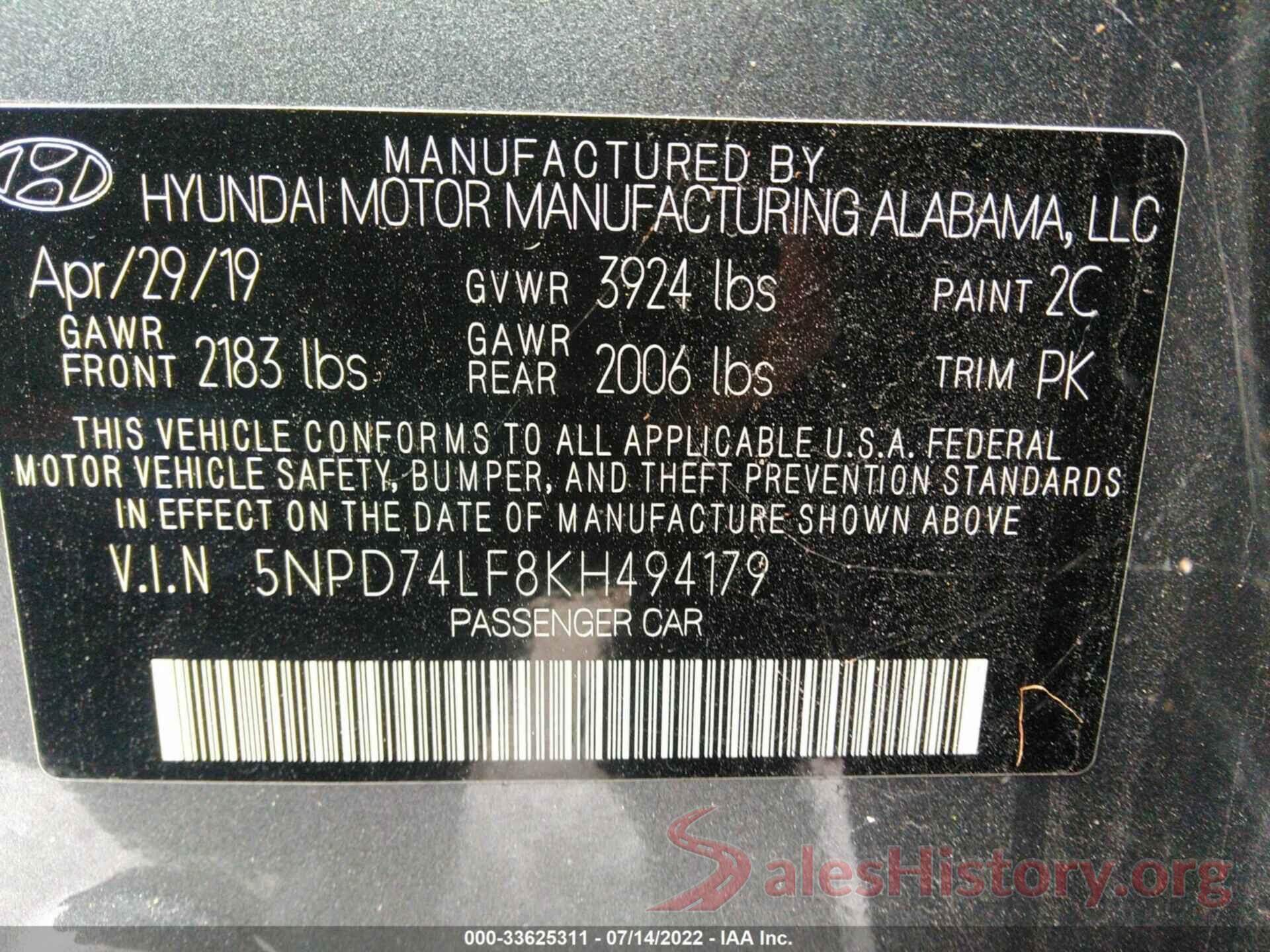 5NPD74LF8KH494179 2019 HYUNDAI ELANTRA