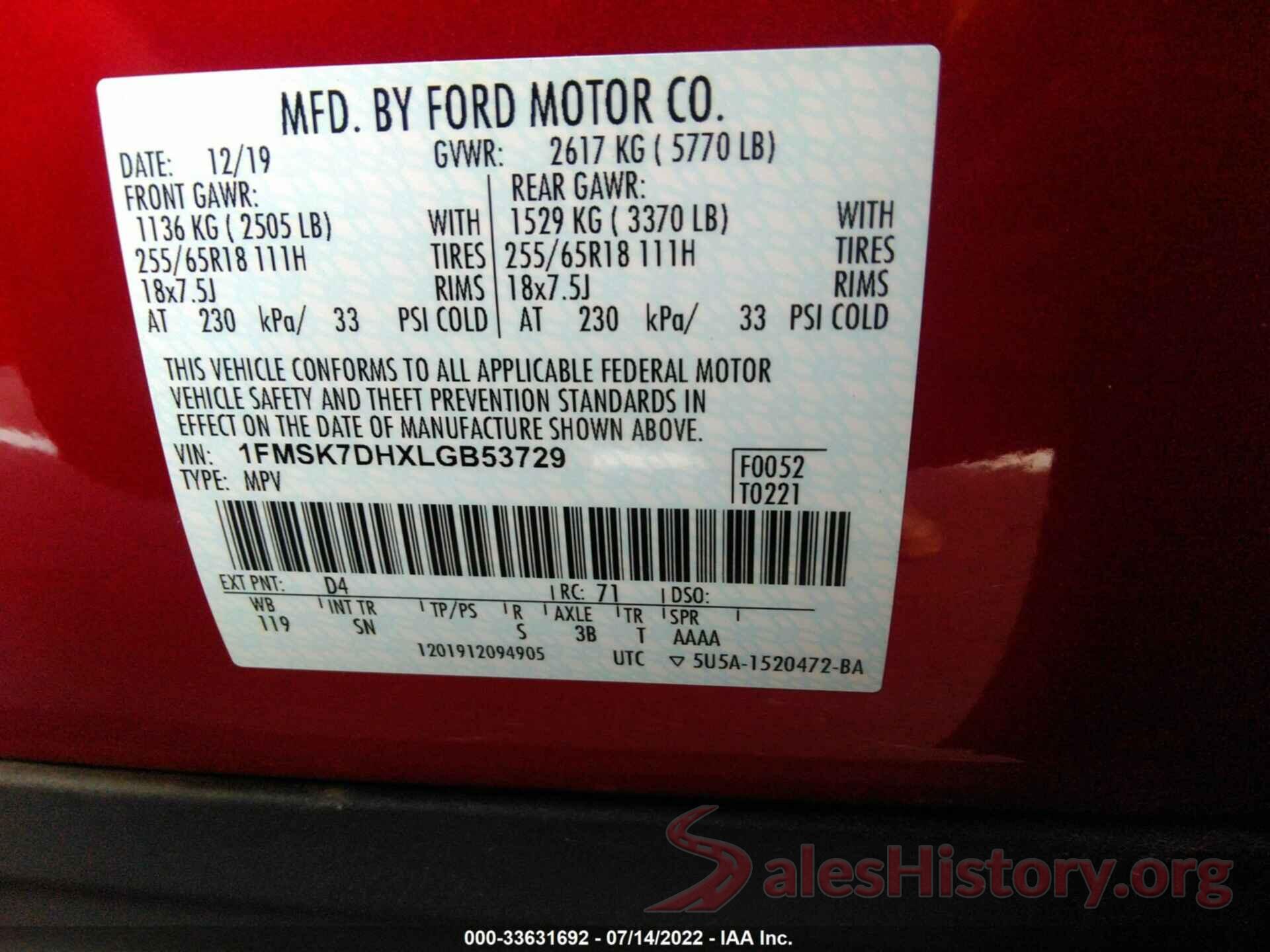 1FMSK7DHXLGB53729 2020 FORD EXPLORER