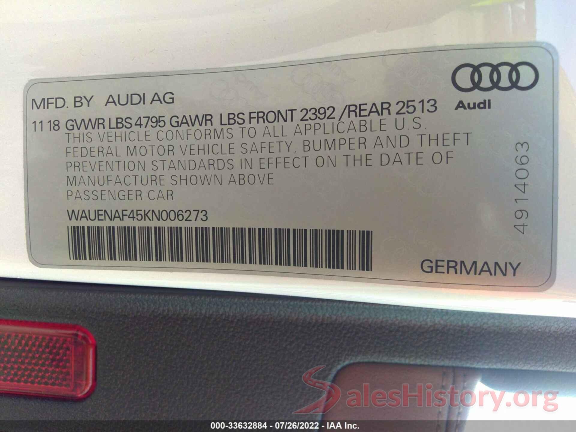 WAUENAF45KN006273 2019 AUDI A4