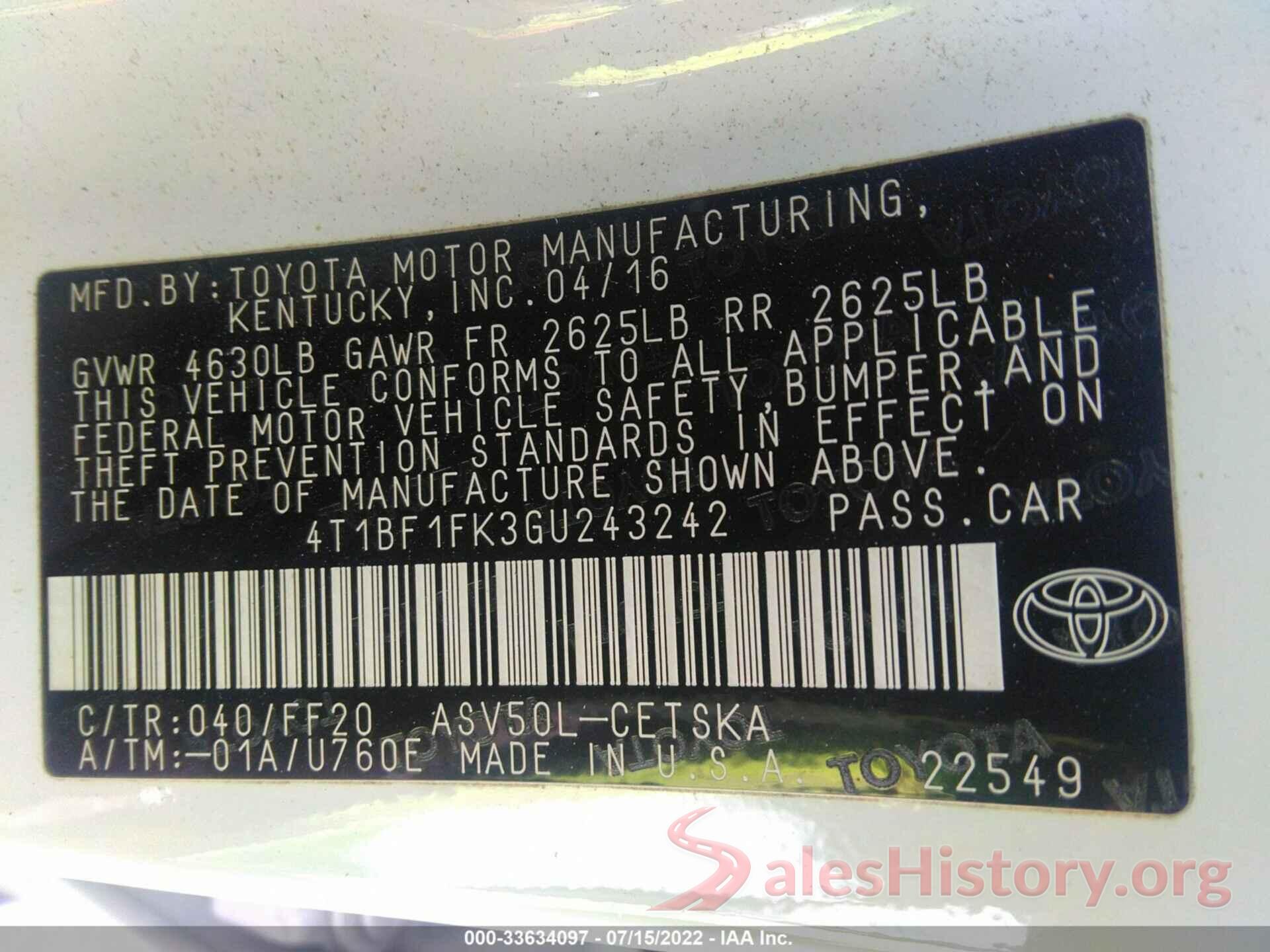 4T1BF1FK3GU243242 2016 TOYOTA CAMRY